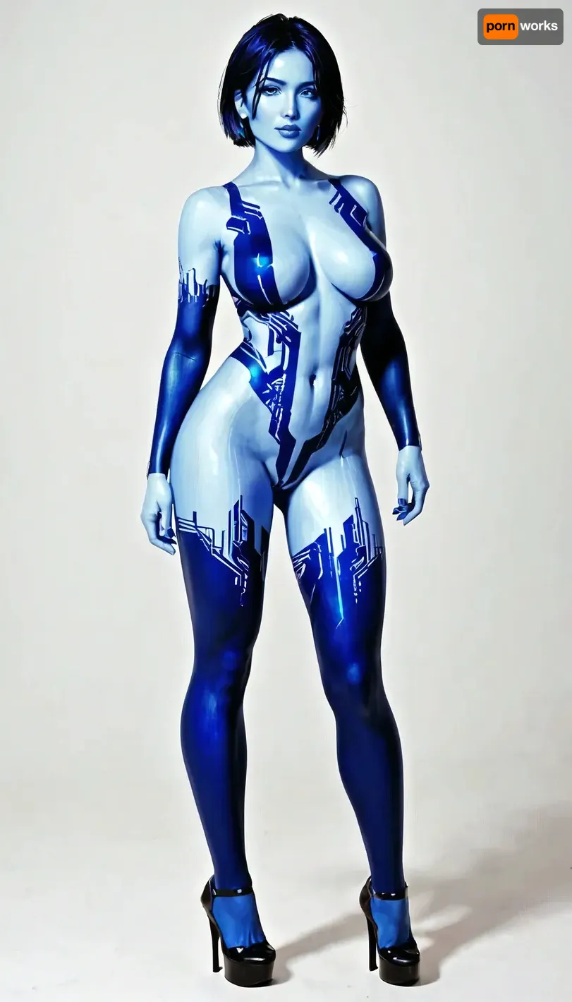blue skin, blue hair, Cortana from Halo, Cortana robotized, robot Cortana, all shiny and metallic Cortana, metallic breasts, erect metallic nipples, all of her body is shiny metallic, having metallic pussy who squirting, very high platform heels, sultry look, front view, full body, full body view