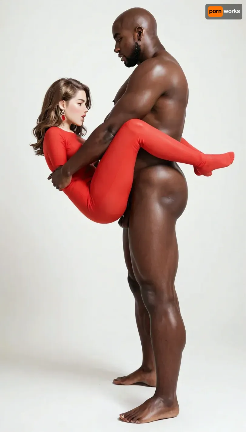fuck from behind, suspended doggystyle sex, legs dangling in the air, interracial fuck, enormous fat black man, serious black man, giant black man, fat black man, very hight, extremely big man, man much taller man much fat, enormous man, bald black man, vagina penetration, dominant scene, brown hair, medium lenght hair, minute, minute body, slight body, side view, full body, white background, motion effects, moans, entire figures, zoom out