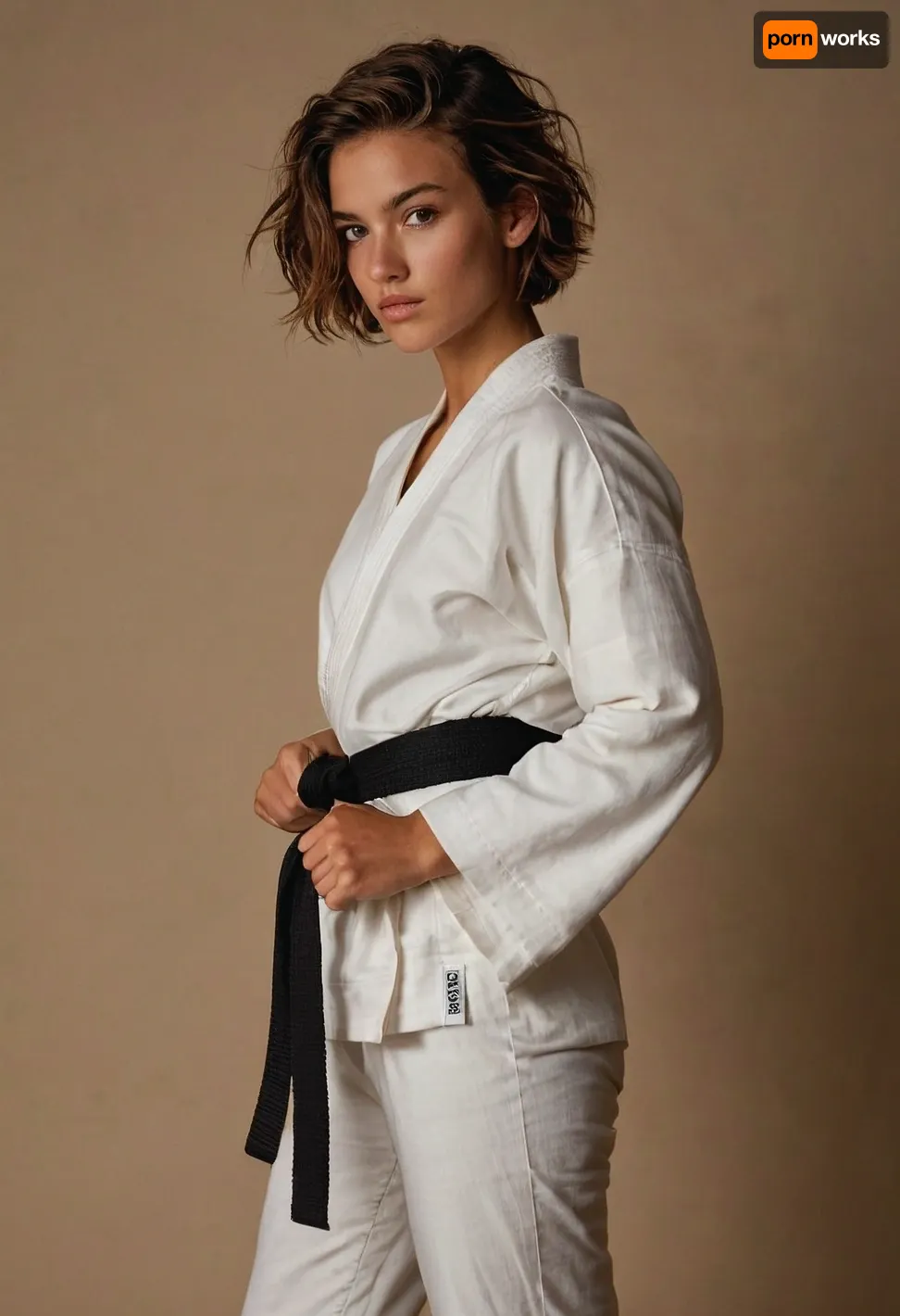 20 year old woman, tomboy, androgynous body, Very short Messy Chestnut Brown hair, Toned body, Caucasian with tanned skin, gentle fingers usually curled up in a fist, surprisingly strong arms, long legs, medium breasts, medium butt, wears a white karate kimono, black belt, white pants are already somewhat short