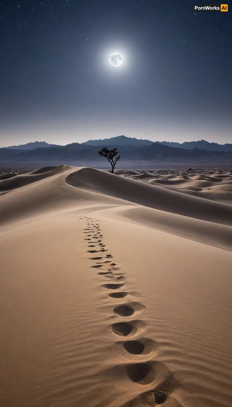 A serene and mystical night scene in the desert, with the full moon, a silver crescent glowing brightly in the top left corner of the frame, casting an ethereal light upon the endless dunes below, which stretch out toward the horizon in gentle, rolling waves, their sandy peaks and troughs illuminated by the soft, lunar glow, while the surrounding sky is a deep shade of indigo, punctuated by a smattering of twinkling stars, and the air is crisp and still, filled with the sweet scent of nocturnal blooming flora, and in the distance, the silhouette of a few sparse, wispy trees stands out against the luminous sky.