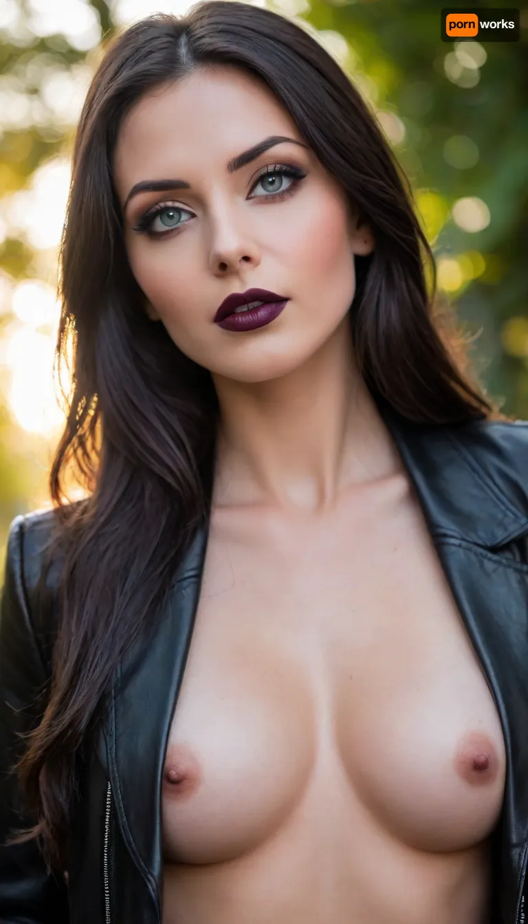 ziprealism, (smug, expressive eyes, breathtaking eyes, mesmerizing eye contact), (black leather coat, open jacket, cleavage), (silky hair, glossy black hair, long hair, cascading hair:1.2), (focus on eyes, perfect eyes:1.6), (dark lipstick, heavy eyeshadow, dark eyeshadow, bold eyeliner:1.4), (sharp chin, chiseled cheekbones, triangular face, full lips), (medium full shot, profile shot, low angle shot, natural lighting, tight focal length, rule of thirds framing:1.2), (crystal blue eyes, catchlights, detailed eyes, limbal ring), posing in front of a motorcycle, streaming sunlight, godrays, natural skin texture, soft bokeh, <lora:add-detail-xl:.8>