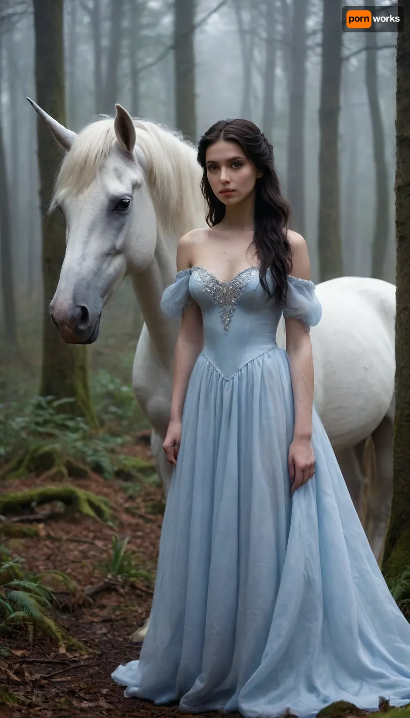 A young naked woman, late teens to early twenties, with long, dark hair, painting a portrait of a majestic white unicorn in a dark, misty forest. The artist is seen from the waist up, wearing a flowing, light-blue, off-the-shoulder gown with puffed sleeves. The unicorn is depicted with realistic detail and stands beside her, both figures positioned amidst a dark, misty forest. The scene is inspired by digital painting with textures and brush strokes suggesting fine detail and a realistic quality, yet with hints of abstract expressionism. Cinematic, epic, atmospheric scenery.