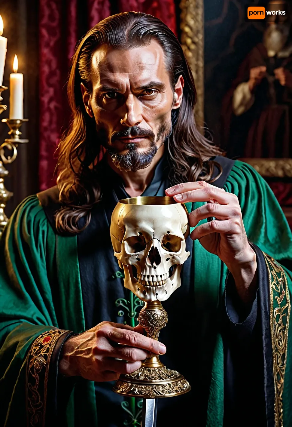 Super realistic image, full color image, 8K quality, super detail, masterpiece, “The Master and Margarita”, Satan's ball, Woland, a tall slender man, brunette, about forty years old, eyes of different colors, the right black, and the left green, in a black robe, ((with his left hand leaning on a sword)), ((in his right hand holds a goblet made of a human skull)), filled with red wine, front view