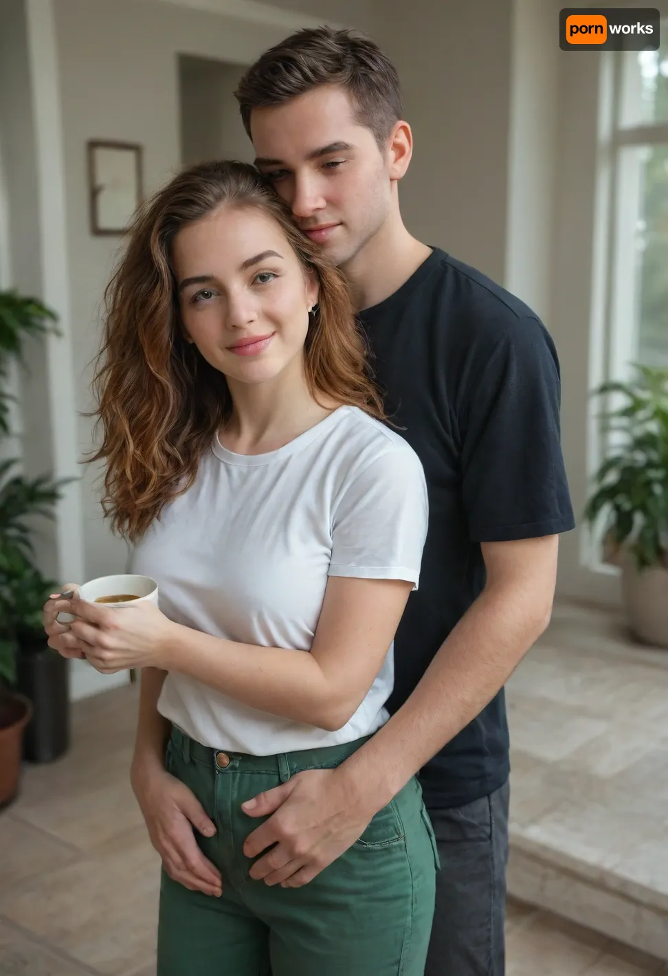 is holding, She is positioned slightly to the left of center in the image, and is facing forward, looking down . A man is behind the girl, his arms are around her, standing very close, (((He is fully dressed))), (((She is fully dressed))), She has shoulder-length dark ginger vawy thick and lush hair and is wearing a blue t-shirt and a green shorts. She appears to be of average build, 160 cm tall. The woman is smiling peacefully. The man’s expression is gentle. He is wearing house pants and a t-shirt, man is 35 yo, man is 175 cm tall, she is 35 yo, She has a large breast, (((D cup))), <lora:SDXL1.0-LoRa_Zeitgeist-Series-by-AI_Characters_Style_Photographic-v2.0:1.5>, NEGATIVE_HANDS, hugging