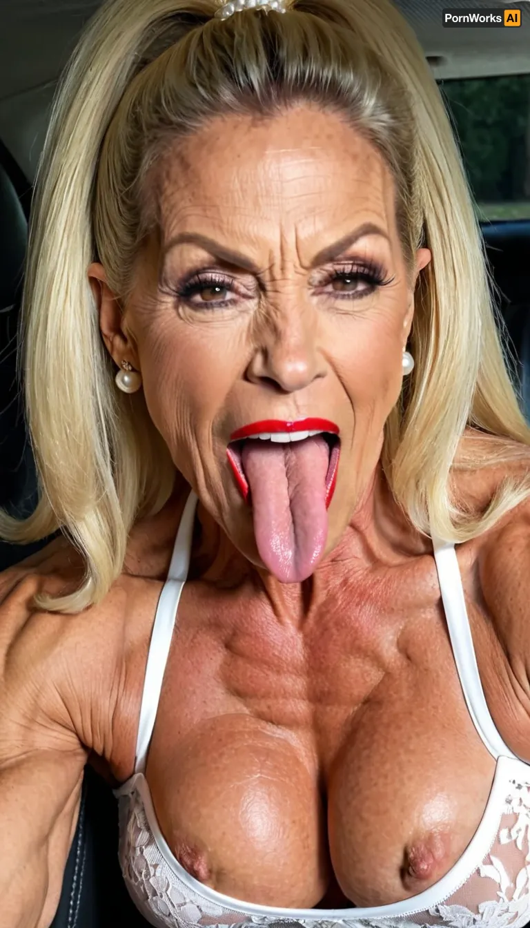 streches out her extra long tongue, (big fleshy tongue), close up her pussy, closed her eyes, squatting, naked, close up her face, close up vagina, enjoy with smiling her orgasm, bulging red lips, fake silicon big mouth, extreme big lips and mouth, blonde hair granny, very old gilf, hard muscle stiration, skinny hard muscle body, very broad big mouth, black ponytail hairstyle, hair, marina beaulieu milf, extremely muscular gilf, with wide muscular shoulders, abs, high muscle definition, very thin fat free skin, massive bodybuilding milf, bulging lips, granny want sex, wide mouth, round big boobs, happy sinful gilf, squatting in a car, blonde hair, very short pixie black buzzcut hair, close up mouth, muscle_bimbo, old dominatrix lady, lora, Muscle_Bimbo_SDXL, make up, pearl jewellery, wearing a white blouse dress