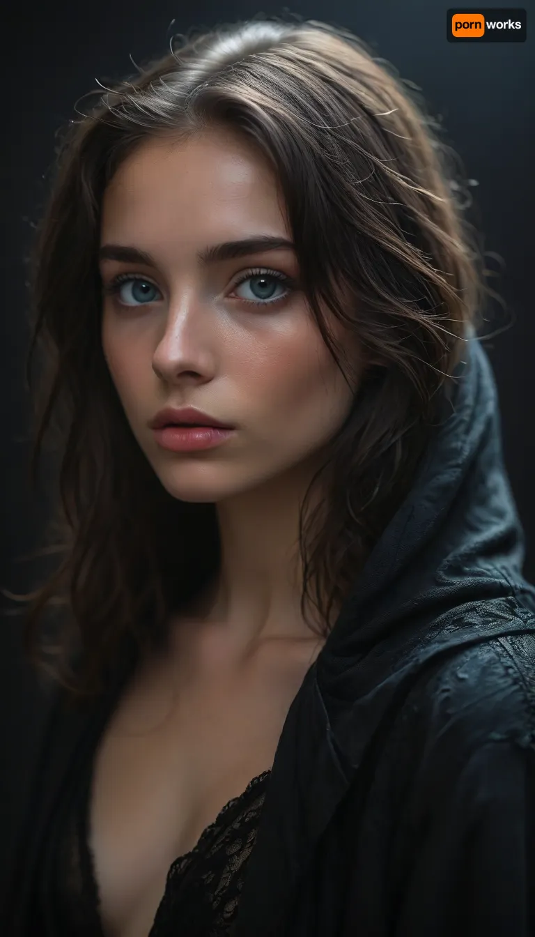 ziprealism, (profile shot, intimate snapshot esthetic:1.8), (black cloak, raised hood:1.6), (playful girlfriend, mischievous woman, bashful pose), (expressive eyes, large eyes, downturned eyes, breathtaking beauty, mesmerizing eye contact), (silky hair, black hair, long hair:1.4), (focus on eyes, perfect eyes, medium closeup shot, short focal length), (professional makeup, elegant makeup), (sharp chin, chiseled cheekbones, triangular face, full lips, glossy lips), (crystal blue eyes, catchlights, detailed eyes, prominent limbal ring:1.2), natural skin texture, (subtle vellus hair:.4), (dark, chiaroscuro, textured black background:1.6), (style of Rembrandt, Italian woman:1.2), <lora:add-detail-xl:.8>, <lora:zavy-cntrst-sdxl:.8>, <lora:MJ52:.8>