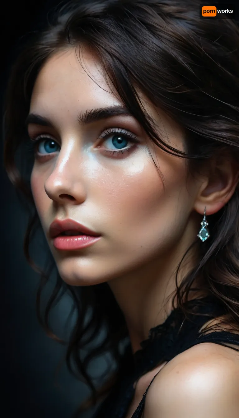 ziprealism, (profile shot, intimate snapshot esthetic:1.8), (playful girlfriend, mischievous woman, bashful pose), (expressive eyes, large eyes, downturned eyes, breathtaking beauty, mesmerizing eye contact), (silky hair, black hair, long hair:1.4), (focus on eyes, perfect eyes, medium closeup shot, short focal length), (professional makeup, elegant makeup), (sharp chin, chiseled cheekbones, triangular face, full lips, glossy lips), (crystal blue eyes, catchlights, detailed eyes, prominent limbal ring:1.2), natural skin texture, (subtle vellus hair:.4), (dark, chiaroscuro, textured black background:1.6), (style of Rembrandt, Italian woman:1.2), <lora:MJ52:.8>, Colorsplash, <lora:SDXLPaintSplash:1.6>