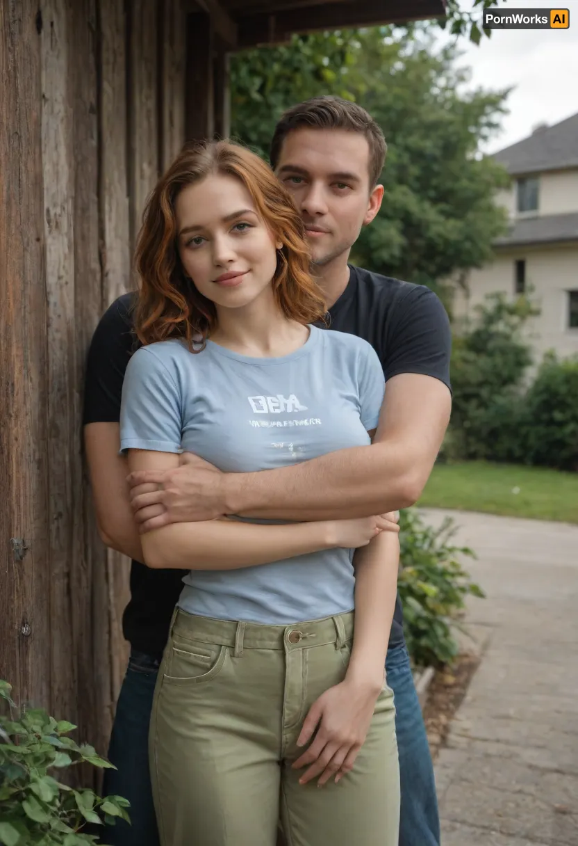 is holding, She is positioned slightly to the left of center in the image, and is facing forward, looking down . A man is behind the girl, his arms are around her, standing very close, (((He is fully dressed))), (((She is fully dressed))), She has shoulder-length dark ginger vawy thick and lush hair and is wearing a blue t-shirt and a green shorts. She appears to be of average build, 160 cm tall. The woman is smiling peacefully. The man’s expression is gentle. He is wearing house pants and a t-shirt, man is 35 yo, man is 175 cm tall, she is 35 yo, She has a large breast, (((D cup))), <lora:SDXL1.0-LoRa_Zeitgeist-Series-by-AI_Characters_Style_Photographic-v2.0:1.5>, NEGATIVE_HANDS, hugging, <lora:HandFineTuning_XL:.8>