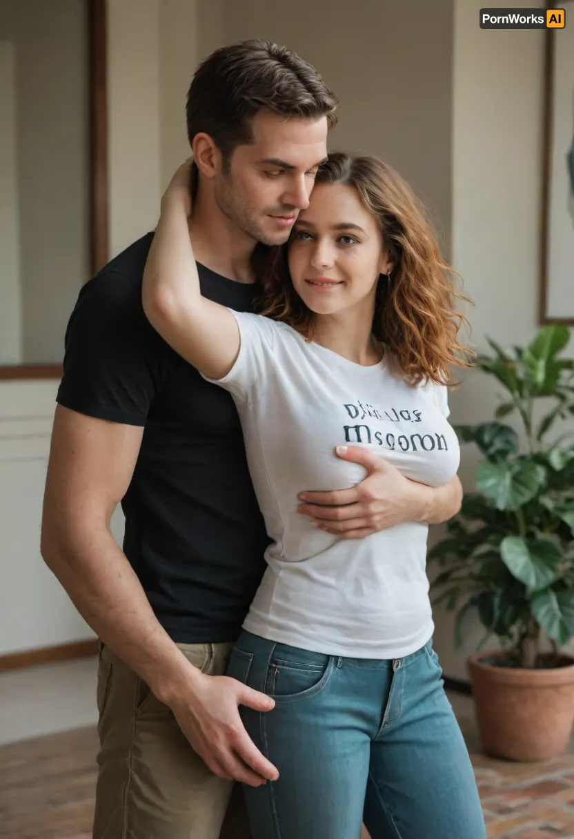 is holding, She is positioned slightly to the left of center in the image, and is facing forward, looking down . A man is behind the girl, his arms are around her, standing very close, (((He is fully dressed))), (((She is fully dressed))), She has shoulder-length dark ginger vawy thick and lush hair and is wearing a blue t-shirt and a green shorts. She appears to have an average, a little plump build. 160 cm tall. The woman is smiling peacefully. The man’s expression is gentle. He is wearing house pants and a t-shirt, man is 35 yo, man is 175 cm tall, she is 35 yo, She has a large breast, (((E cup))), <lora:SDXL1.0-LoRa_Zeitgeist-Series-by-AI_Characters_Style_Photographic-v2.0:1.5>, NEGATIVE_HANDS, hugging, <lora:HandFineTuning_XL:.8>