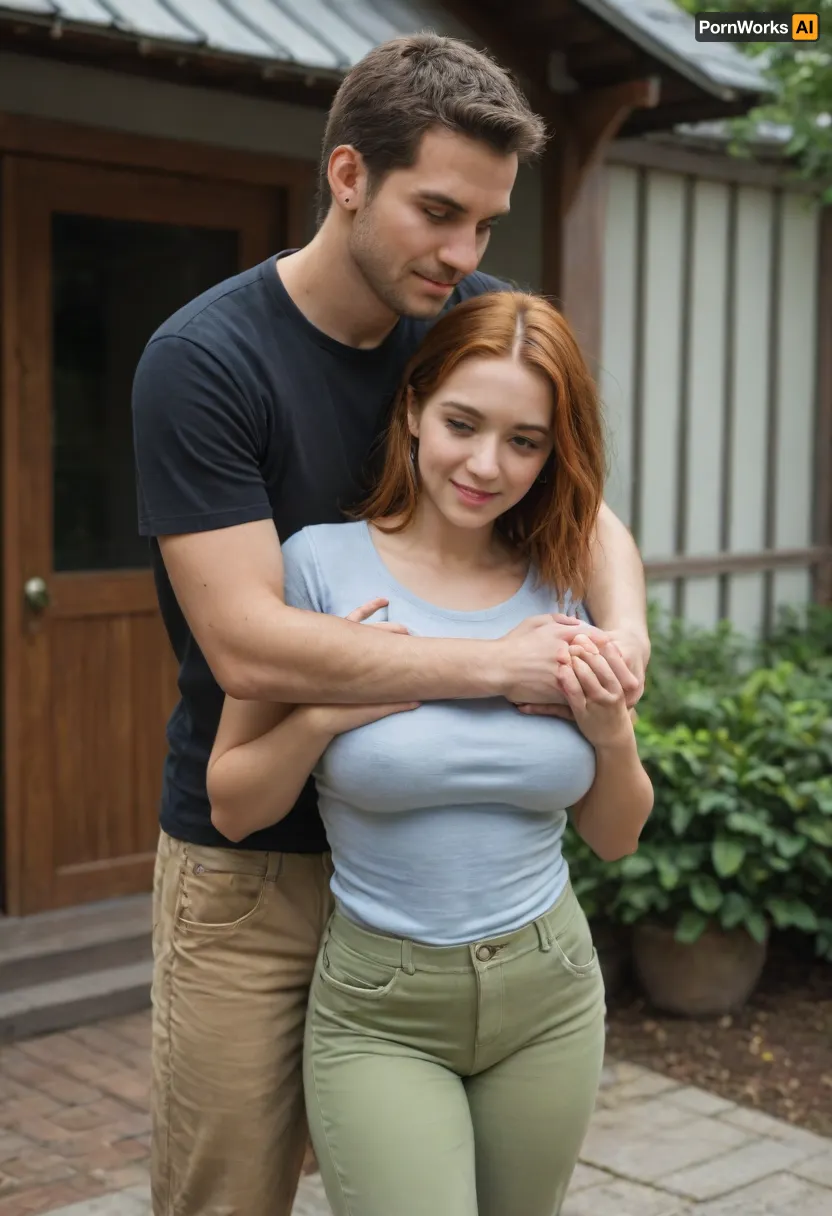 is holding, She is positioned slightly to the left of center in the image, and is facing forward, looking down . A man is behind the girl, his arms are around her, standing very close, (((He is fully dressed))), (((She is fully dressed))), She has shoulder-length dark ginger vawy thick and lush hair and is wearing a blue t-shirt and a green shorts. She appears to have an average a little plump broad build with a fat belly. 160 cm tall. The woman is smiling peacefully. The man’s expression is gentle. He is wearing house pants and a t-shirt, man is 35 yo, man is 175 cm tall, she is 35 yo, She has a large breast, (((E cup))), <lora:SDXL1.0-LoRa_Zeitgeist-Series-by-AI_Characters_Style_Photographic-v2.0:1.5>, NEGATIVE_HANDS, hugging, <lora:HandFineTuning_XL:.8>, A voluptuous girl, (big busty curved), standing holding her hugged from behind, (snuggling hugging), best quality, sakura, uchiha, crest