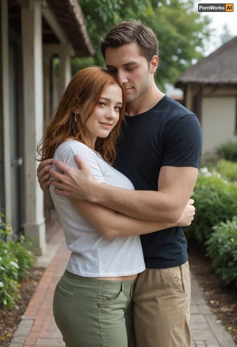 is holding, She is positioned slightly to the left of center in the image, and is facing forward, looking down . A man is behind the girl, his arms are around her, standing very close, (((He is fully dressed))), (((She is fully dressed))), She has shoulder-length dark ginger vawy thick and lush hair and is wearing a blue t-shirt and a green shorts. She appears to have an average a little plump broad build with a fat belly. 160 cm tall. The woman is smiling peacefully. The man’s expression is gentle. He is wearing house pants and a t-shirt, man is 35 yo, man is 175 cm tall, she is 35 yo, She has a large breast, (((E cup))), <lora:SDXL1.0-LoRa_Zeitgeist-Series-by-AI_Characters_Style_Photographic-v2.0:1.5>, NEGATIVE_HANDS, hugging, <lora:HandFineTuning_XL:.8>, A voluptuous girl, (big busty curved), standing holding her hugged from behind, (snuggling hugging), best quality, sakura, uchiha, crest