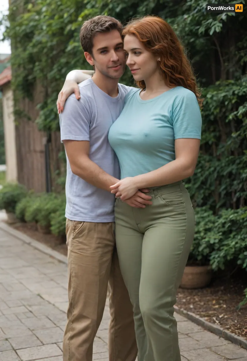 is holding, She is positioned slightly to the left of center in the image, and is facing forward, looking down . A man is behind the girl, his arms are around her, standing very close, (((He is fully dressed))), (((She is fully dressed))), She has shoulder-length dark ginger vawy thick and lush hair and is wearing a blue t-shirt and a green shorts. She appears to have an average a little plump broad build with a little belly. 160 cm tall. The woman is smiling peacefully. The man’s expression is gentle. He is wearing house pants and a t-shirt, man is 35 yo, man is 175 cm tall, she is 35 yo, She has a large breast, (((E cup))), <lora:SDXL1.0-LoRa_Zeitgeist-Series-by-AI_Characters_Style_Photographic-v2.0:1.5>, NEGATIVE_HANDS, hugging, <lora:HandFineTuning_XL:.8>