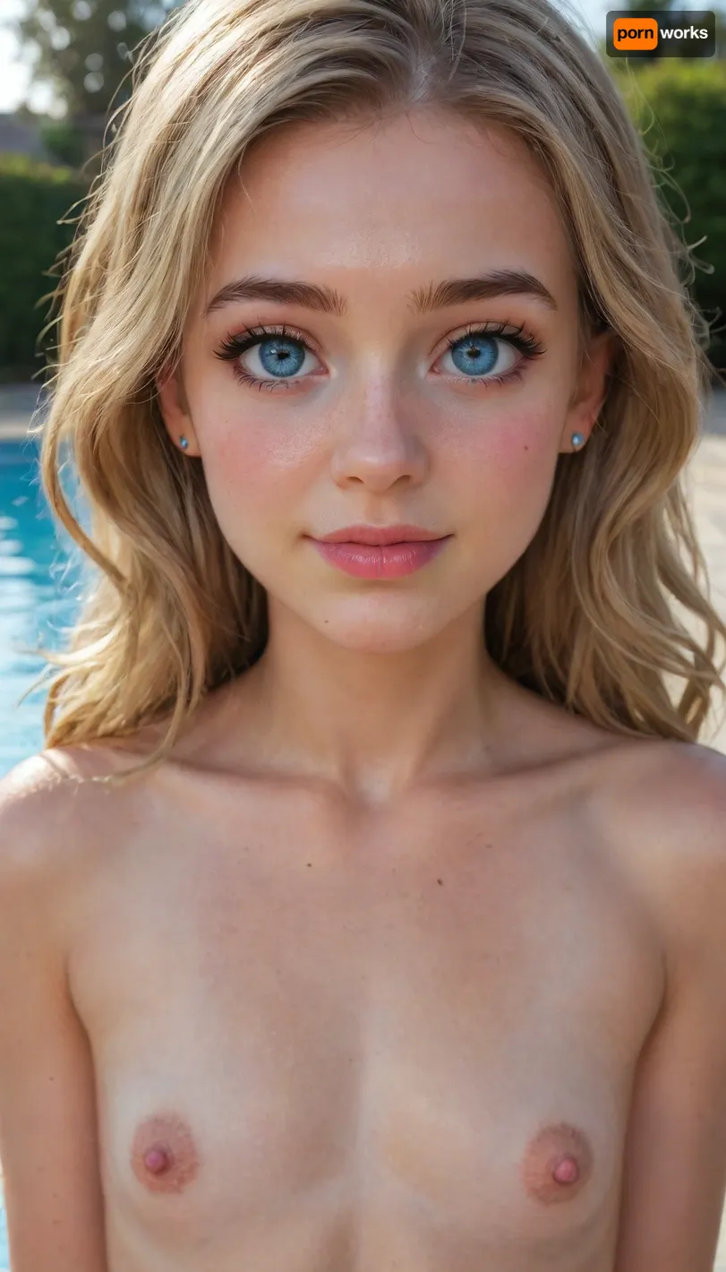 (Intricately detailed), 4K, (UHD), (HDR), poolside, (small frame 18yo, cute young adult, flat chested, nude, innocent face, young face, (makeup), gorgeous soft blonde hair, blue eyes, close up, very bright lighting, focus face and tits, sexy face, happy, excited eyes), flat, chested, <lora:flat_chested_v3.5:.8>