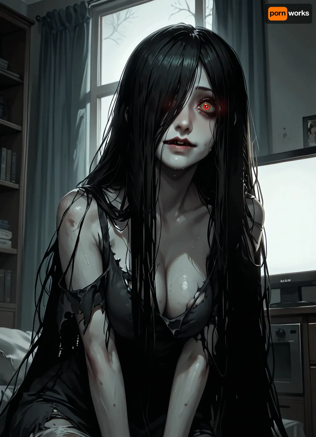 score_9, score_8_up, score_7_up, score_6_up, (animated, 2d, anime style), (((Sadako Yamamura))), 1girl, solo, long hair, black hair, very long hair, (mess hair), torn clothes, impossible clothes, hair over eyes, torn dress, grey skin, impossible dress, yamamura sadako, hair over one eye, (((yandere, psychosis, possession, dangerous, crazy))), blush, (heavy breathing), steam, (bags under eyes), night, television, sweat, head tilt, smile, (wavy mouth), cleavage, (huge veiny breasts, saggy), ((close up)), (night, dark room), (red glowing eyes), on all four, crawl forward, glitches, lean forward, (gothic style, dark theme, low light, cold colors, nightmare), (<lora:Concept Art DarkSide Style LoRA_SeaArt Furry XL 1.0:1.6>)