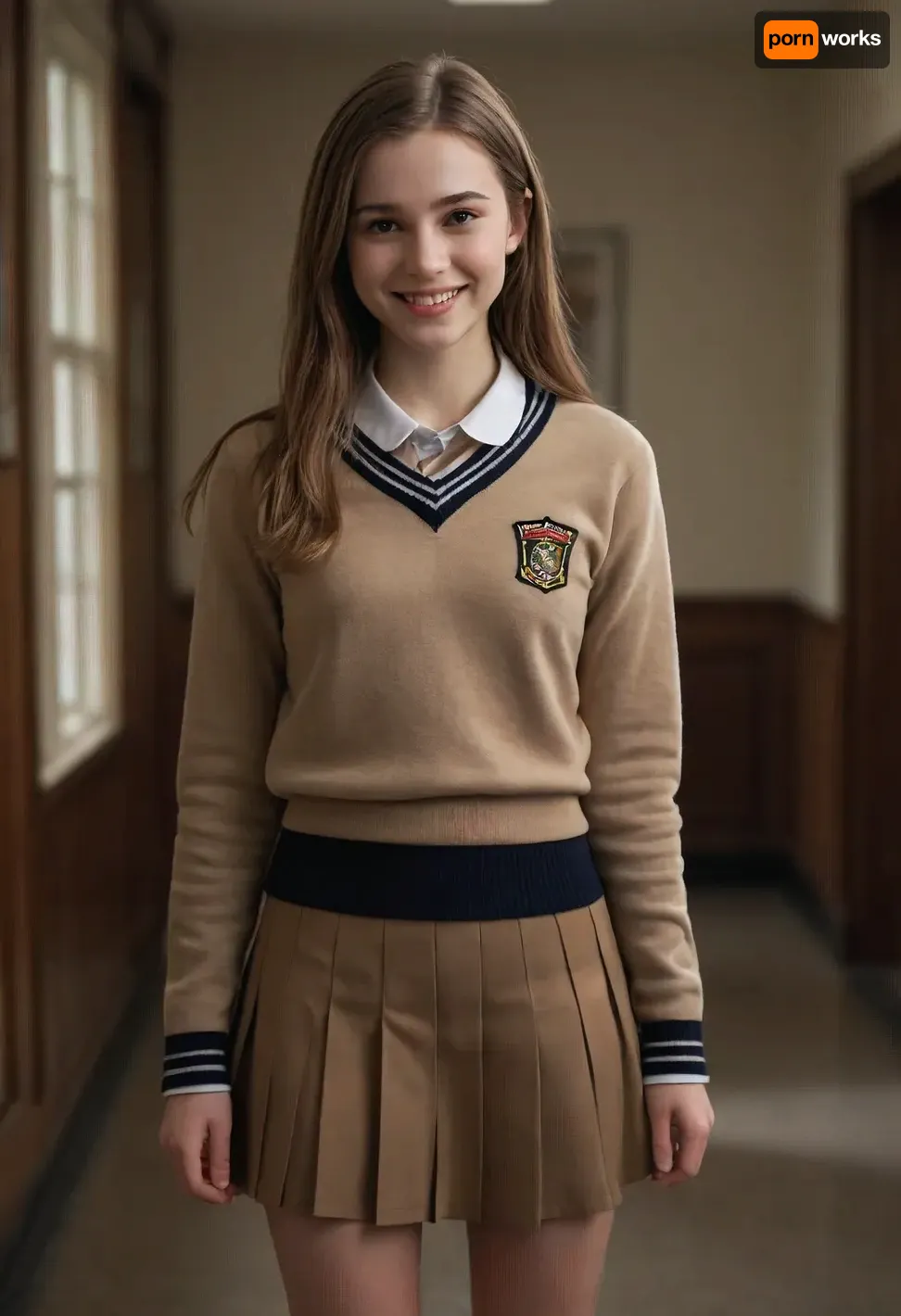 (masterpiece, best quality, high resolution, photorealistic, cinematic lighting), 1 young woman, white skin, very cute, excited smiling face, (light-brown hair), long hair, straight hair parted down the middle, skinny, short waist, petite, anorexic, (wearing a high school uniform sweater), (wearing a high school uniform skirt), portrait from the waist up