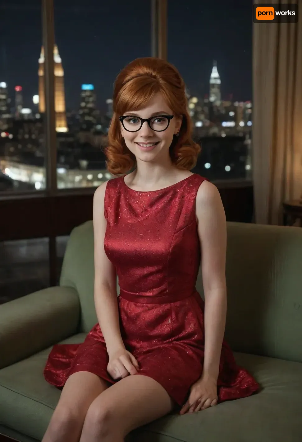(masterpiece, best quality, high resolution, photorealistic, cinematic lighting), 1 young woman, white skin, (sitting demurely on a couch), very cute, happy smiling face, (bright red ginger hair), medium length hair, (beehive haircut), skinny, short waist, petite, glasses, (wearing a 1960s style mini dress), (1960s style:1.5), in an extravagant penthouse, marble floors and decorations, couches, chairs, windows looking over a city skyline, midnight, stars, moonlight, <lora:ahxl_v1:.6>