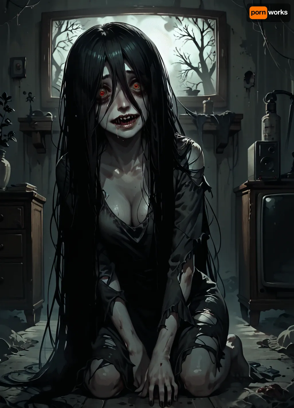 score_9, score_8_up, score_7_up, score_6_up, (animated, 2d, anime style), (((Sadako Yamamura))), 1girl, solo, long hair, black hair, very long hair, (mess hair), torn clothes, impossible clothes, hair over eyes, torn dress, grey skin, impossible dress, yamamura sadako, hair over one eye, (((yandere, psychosis, possession, dangerous, crazy, psycho))), blush, (heavy breathing), steam, (bags under eyes), night, television, sweat, head tilt, smile, (wavy mouth), cleavage, (huge veiny breasts, saggy), ((full body)), (night, dark room), (red glowing eyes), (((on all four, crawl from tv))), glitches, lean forward, (gothic style, dark theme, low light, cold colors, nightmare, horror), (<lora:Concept Art DarkSide Style LoRA_SeaArt Furry XL 1.0:2>)