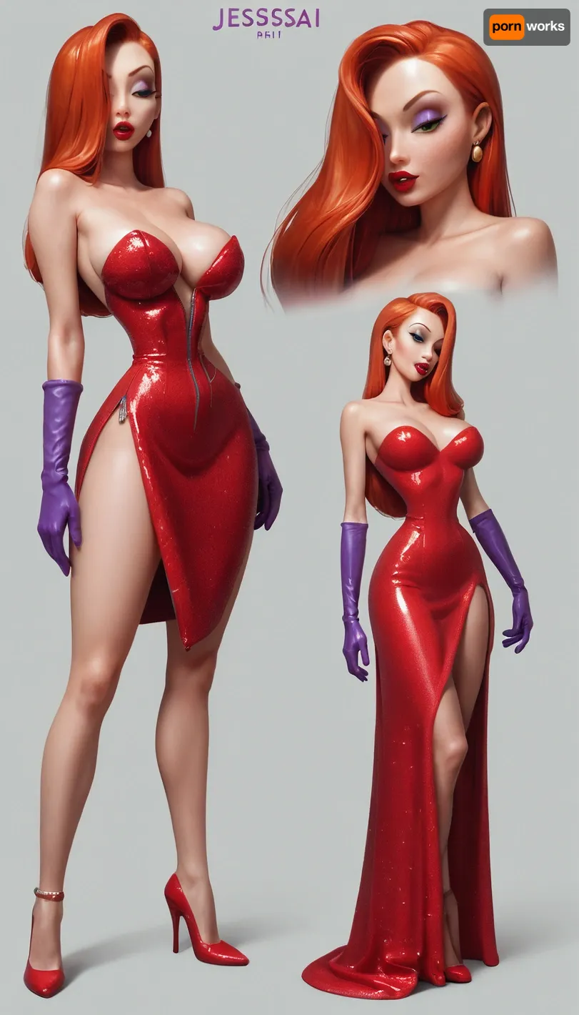 zip2d, SK_Comic, SK_DigitalArt, (score_9, score_8_up, score_7_up), (perfect eyes), (Jessica Rabbit:1.6), (incase, style of incase:.8), (concept art, character concept art, multiple angles, character sheet, multiple poses), (sharp focus, focus on eyes, full shot), (profile shot, standing sideways, emphasize curves, side-eye), (large breasts, perky breasts, wide hips, big ass, (tiny waist:1.6), voluptuous:1.2), (flirty, seductive, strutting), (vibrant red hair, elegant hair, glossy hair), (tight red dress, glittering dress, high slit dress), (elegant gloves), (heavy violet eyeshadow, long eyelashes, vibrant red lipstick), (posing on stage, stage lighting, spotlighting, burlesque:1.2)