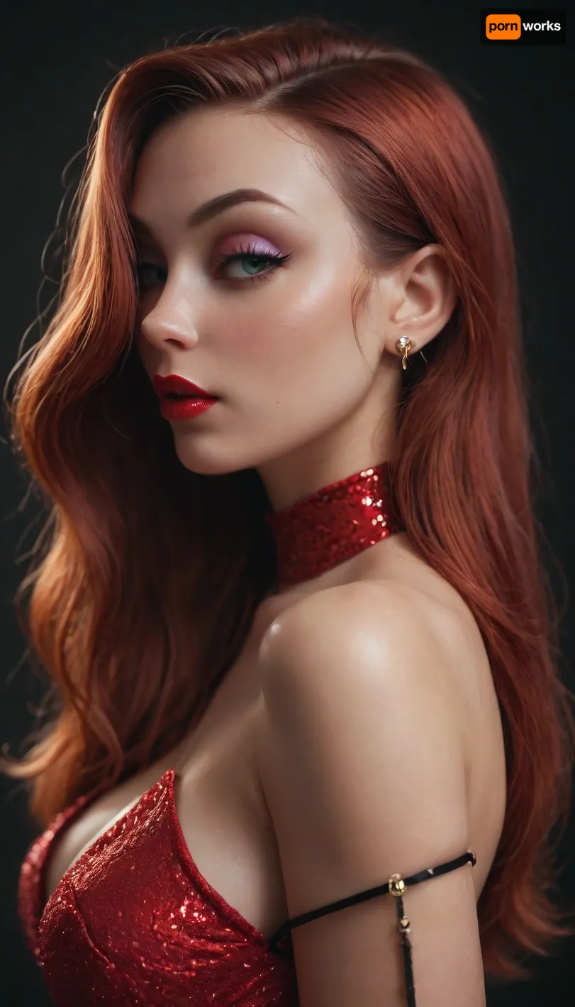 zip2d, SK_Comic, SK_DigitalArt, (score_9, score_8_up, score_7_up), (perfect eyes), (Jessica Rabbit:1.6), (incase, style of incase:.8), (concept art), (sharp focus, focus on eyes, face portrait), (profile shot, standing sideways, side-eye), (flirty, seductive, strutting), (vibrant red hair, elegant hair, glossy hair), (tight red dress, glittering dress), (elegant gloves), (heavy violet eyeshadow, long eyelashes, vibrant red lipstick)