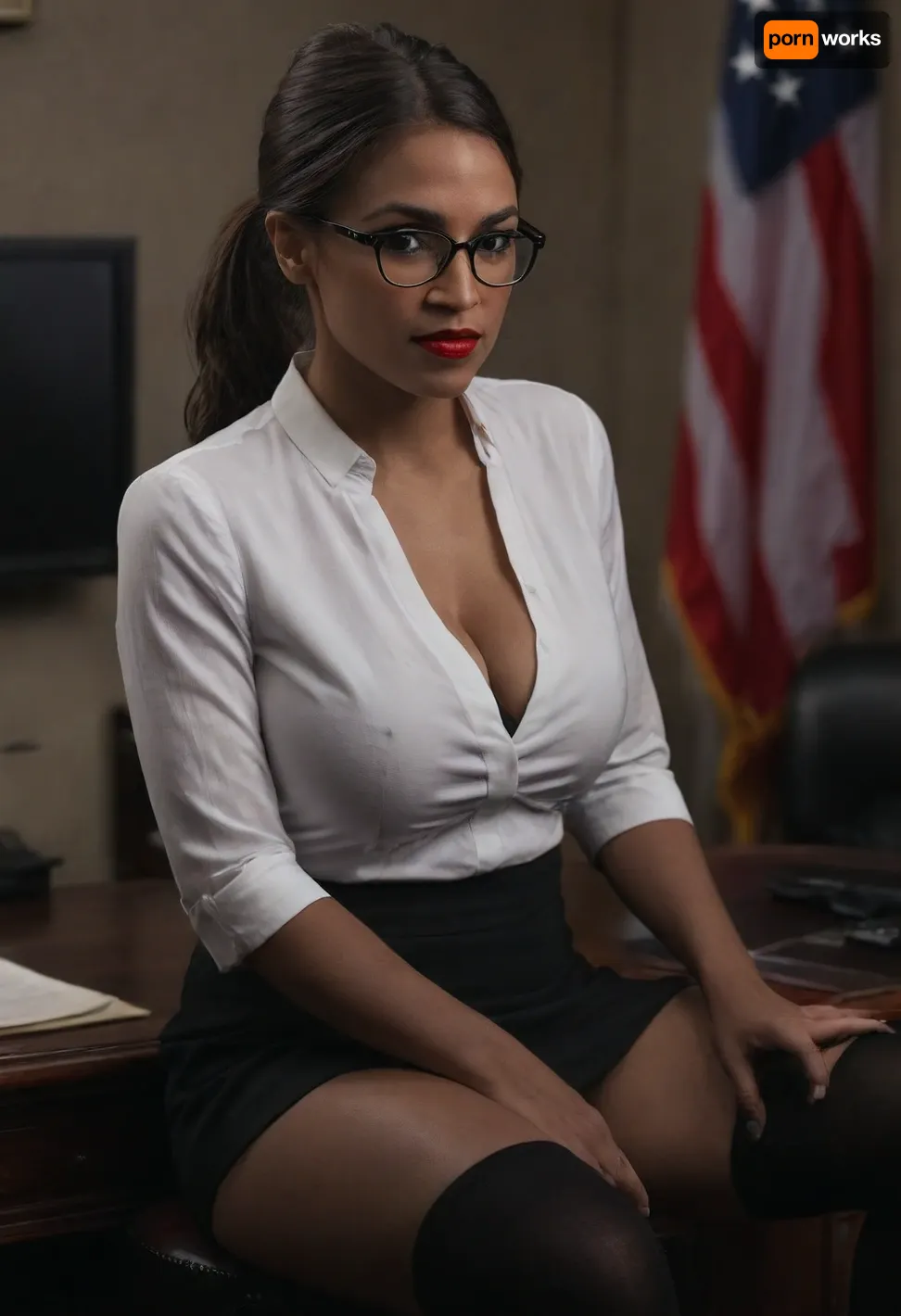 lying down, looking at the viewer. Sexy smile with red lipstick. Sitting on the Oval Office desk, sexy pose. She has Brown nipples., (((she has massive huge saggy tits.), thin white collard unbuttoned shirt, showing alot of cleavage. pulled up sexy black skirt., ((she is a dark tanned skin, Puerto Rican, 26-year-old., ((black thigh high stockings)), ((big glasses)), ((ponytail hair.)), American Flag.)))), ohwx, woman, AOC, <lora:aoc-sdxl-8:2>, <lora:AOC-000055:2>, <lora:dark:.8>