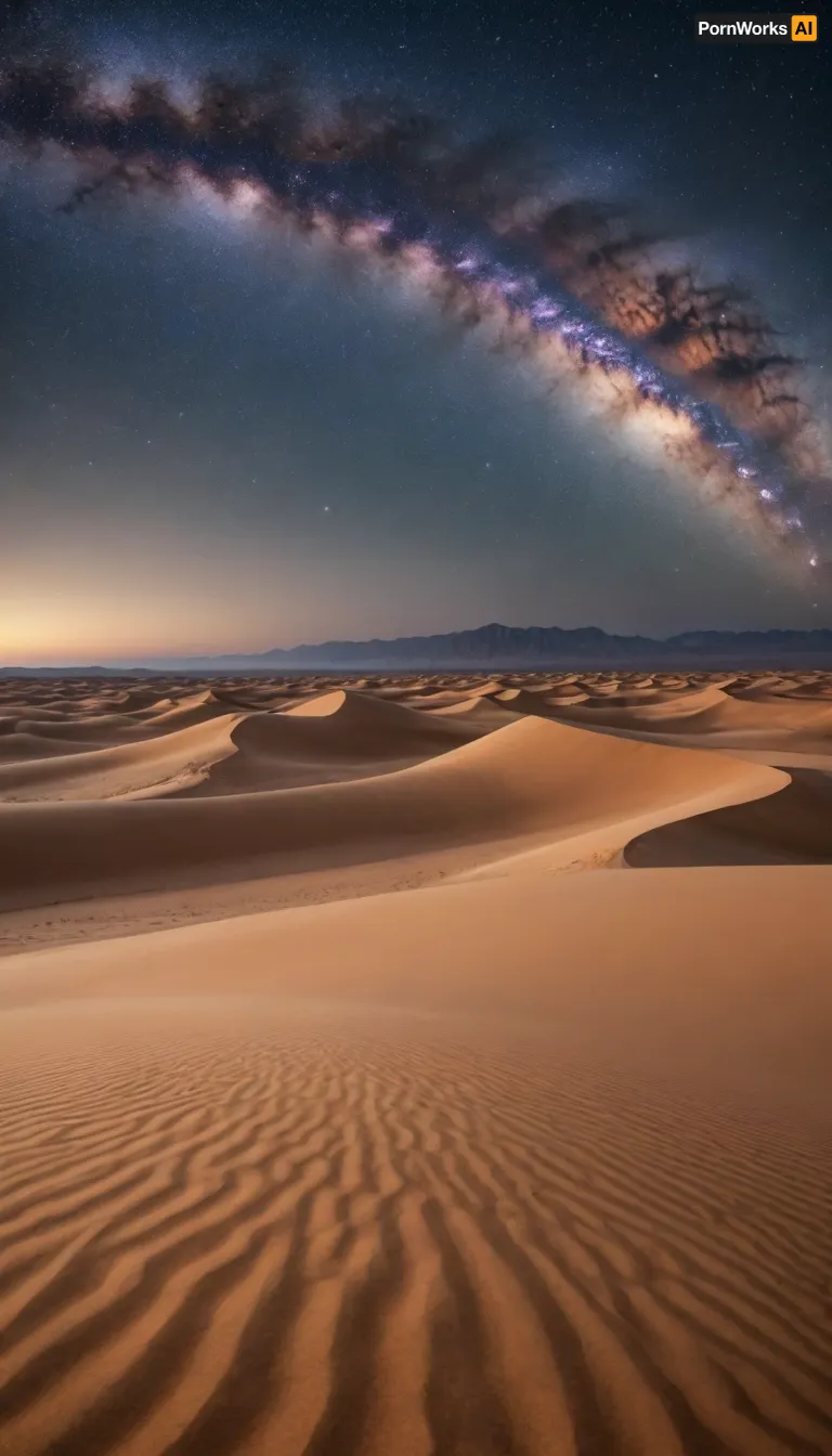 4K cinematic shot of a vast desert under a starry sky. The sand dunes stretch into the distance, casting soft shadows in the moonlight. The Milky Way arches above in stunning clarity. A gentle wind moves the sand subtly. The camera slowly pulls back to reveal the vastness and solitude of the scene — ultra-realistic textures, dramatic lighting, peaceful and infinite atmosphere.
