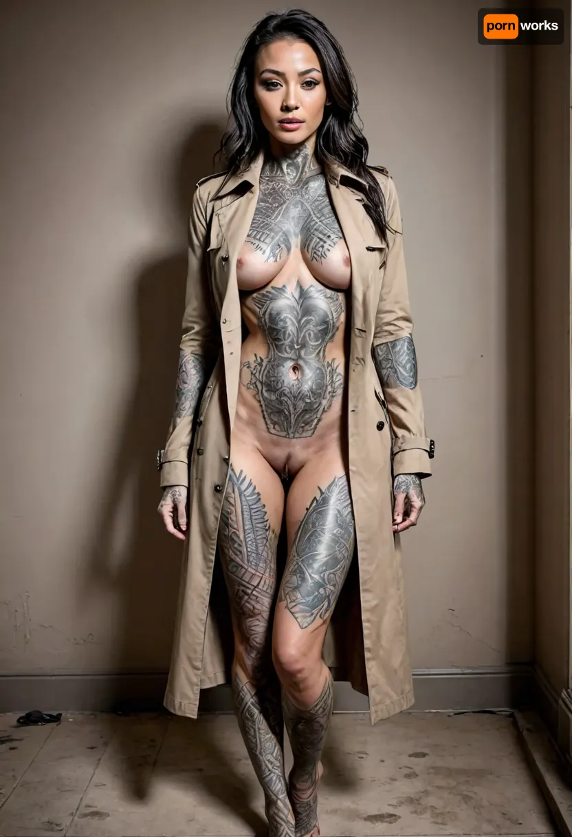 woman, ASIAN Female, 35 year old SUPERMODEL, very long greying hair, muscular, long legs, Tall, Slim, toned body, ripped body, perfect large perky breasts, sweaty oily skin, toned hard body, stern face, muscular arms, ((second world war trench coat)), (HEAVILY TATTOOED ARMS), SEXY POSE, VERY BROAD SHOULDERS, SLIM HIPS AND WAIST, PEFECT LIPS, PERFECT NOSE, <lora:uberfit_lora_sdxl:.5>, <lora:PerfectEyesXL:.5>, <lora:DarTataBodGPlus:.1>