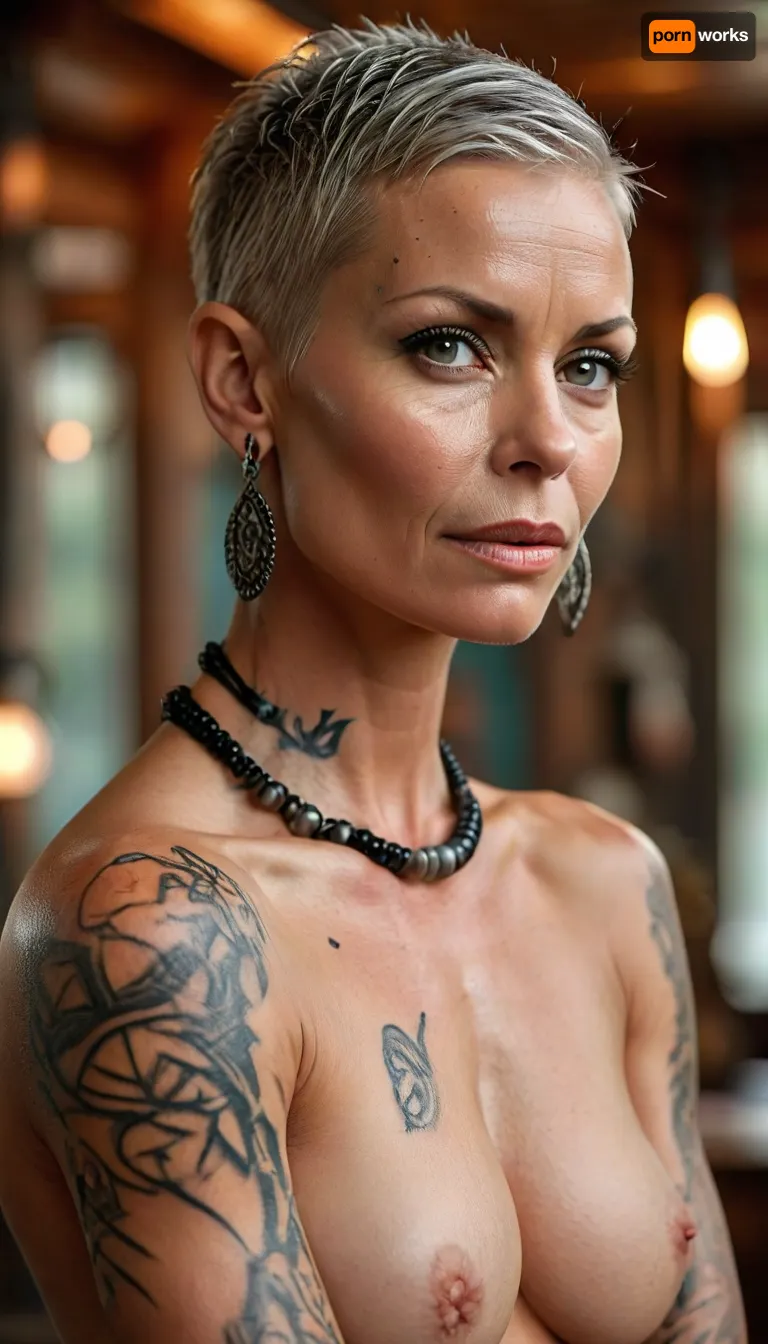 naked woman, German Female, 50 year old SUPERMODEL, buzzcut platinum greying hair, muscular, long legs, Tall, Slim, toned body, perfect large perky breasts, sweaty oily skin, toned hard body, stern face, (LARGE POLINESIAN BLACKWORK TATTOOS AT ARMS), SEXY POSE, VERY LEAN BODY, SLIM HIPS AND WAIST, PEFECT LIPS, PERFECT NOSE, Tribal, Tattoos, necklace, bracelets, bangles, anklets, <lora:uberfit_lora_sdxl:.1>, <lora:PerfectEyesXL:.5>, <lora:Anime_Jungle_Tribal_Style:.8>, <lora:MJ52:.8>