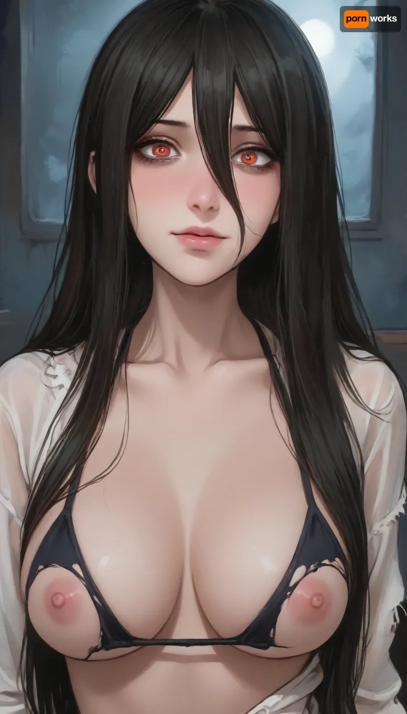 score_9, score_8_up, score_7_up, score_6_up, aroma, ((Anime Style:1)), detailed nipples, (((Sadako Yamamura))), 1girl, solo, long hair, black hair, very long hair, (mess hair), torn clothes, hair over eyes, torn bikini, grey skin, mini bikini, yamamura sadako, hair over one eye, (((yandere, psychosis, possession, dangerous, crazy))), blush, (heavy breathing), steam, (bags under eyes), night, television, sweat, head tilt, smile, (wavy mouth), cleavage, (huge veiny breasts, saggy), ((close up)), (night, dark room), (red glowing eyes), on all four, crawl forward, glitches, lean forward, (gothic style, dark theme, low light, cold colors, nightmare), style anime, inspired illustration, ratatatat74, <lora:ratatatat74-000050:1.9>, <lora:outline_xl_kohaku_delta_spv5x:1.4>, <lora:cartoon_stickers_xl_v1:1.8>, <lora:NEOTOKIOXL_0.2_RC:.4>