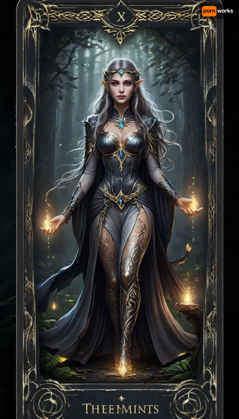 UHD 8K, extreme realism, maximum detail, pretty woman. score_9, score_8_up, score_7_up, score_6_up, beautiful face. A mystical, elegant epic tarot card titled "The Elf". The border of the card is crafted with aged silver elven arabesques, stylized leaf designs, and ancient nature symbols. At the top, the title reads "The Elf", and at the bottom the element "Nature", both in ornate elvish-gothic lettering.

In the center stands a beautiful elven woman with brown skin, tan skin, glowing softly like polished bronze. Her long, flowing hair is white with silver-gray tones, partly braided and decorated with subtle elven ornaments.

Her eyes shine in a golden amber hue, with narrow pupils and a calm, mysterious expression. Her face is refined and regal, with sharp elven features and long, pointed ears.

She wears an elegant black elven outfit sexy, made of layered, flowing fabrics with silver-gray embroidery. The outfit is both noble and practical, featuring long sleeves, a subtle neckline, and slits on the sides revealing leg tattoos with runes.

She holds a dark wooden curved bow etched with glowing runes, and a spirit animal—such as a translucent raven or panther—rests beside her.

The background is an ancient forest at twilight, with soft ambient light, glowing mushrooms, towering trees, and a silver mist floating near the ground. The scene radiates ancient magic, wisdom, and harmony with nature.

The artwork should be realistic and cinematic, with gentle lighting and finely detailed shadows. Color palette, black, silver, gray, warm gold, and natural tones. Ultra HD magical tarot card illustration., <lora:detailed_notrigger:.8>, <lora:edrtcard:.8>, <lora:add-detail-xl:.8>, detailxl, <lora:DetailedEyes_V3:.8>
