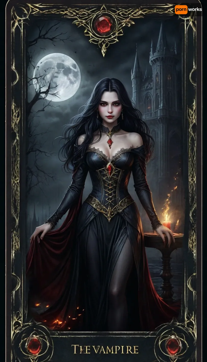 UHD 8K, extreme realism, maximum detail, pretty woman. score_9, score_8_up, score_7_up, score_6_up, beautiful face. A detailed gothic tarot card titled "The Vampire". The card has an ornate golden gothic border. At the top, the card reads "The Vampire", and at the bottom "Dark", both in elegant gothic lettering.
In the center is a stunningly beautiful and sensual vampire woman. She has porcelain-pale skin, long flowing black hair, and glowing ruby-red eyes. She wears a tight, black, elegant dress with a plunging neckline and silk-like texture. Her expression is seductive with a mysterious smile.
The background is a medieval night scene, an ancient castle in the distance, a full moon casting pale light, dead trees, and a misty fog surrounding everything. The atmosphere is mysterious and darkly powerful.
The art should be realistic, with dramatic lighting, strong shadows, and high contrast. Dominant colors, deep red, gray, and gold. Ultra HD quality.. Ultra HD, gothic tarot card style. Ultra HD magical tarot card illustration., <lora:detailed_notrigger:.8>, <lora:edrtcard:.8>, <lora:add-detail-xl:.8>, detailxl, <lora:DetailedEyes_V3:.8> UHD 8K, extreme realism, maximum detail, pretty woman. score_9, score_8_up, score_7_up, score_6_up, beautiful face. A detailed gothic tarot card titled "The Vampire". The card has an ornate golden gothic border. At the top, the card reads "The Vampire", and at the bottom "Dark", both in elegant gothic lettering.
In the center is a stunningly beautiful and sensual vampire woman. She has porcelain-pale skin, long flowing black hair, and glowing ruby-red eyes. She wears a tight, black, elegant dress with a plunging neckline and silk-like texture. Her expression is seductive with a mysterious smile.
The background is a medieval night scene, an ancient castle in the distance, a full moon casting pale light, dead trees, and a misty fog surrounding everything. The atmosphere is mysterious and darkly powerful.
The art should be realistic, with dramatic lighting, strong shadows, and high contrast. Dominant colors, deep red, gray, and gold. Ultra HD quality.. Ultra HD, gothic tarot card style. Ultra HD magical tarot card illustration., <lora:detailed_notrigger:.8>, <lora:edrtcard:.8>, <lora:add-detail-xl:.8>, detailxl, <lora:DetailedEyes_V3:.8>