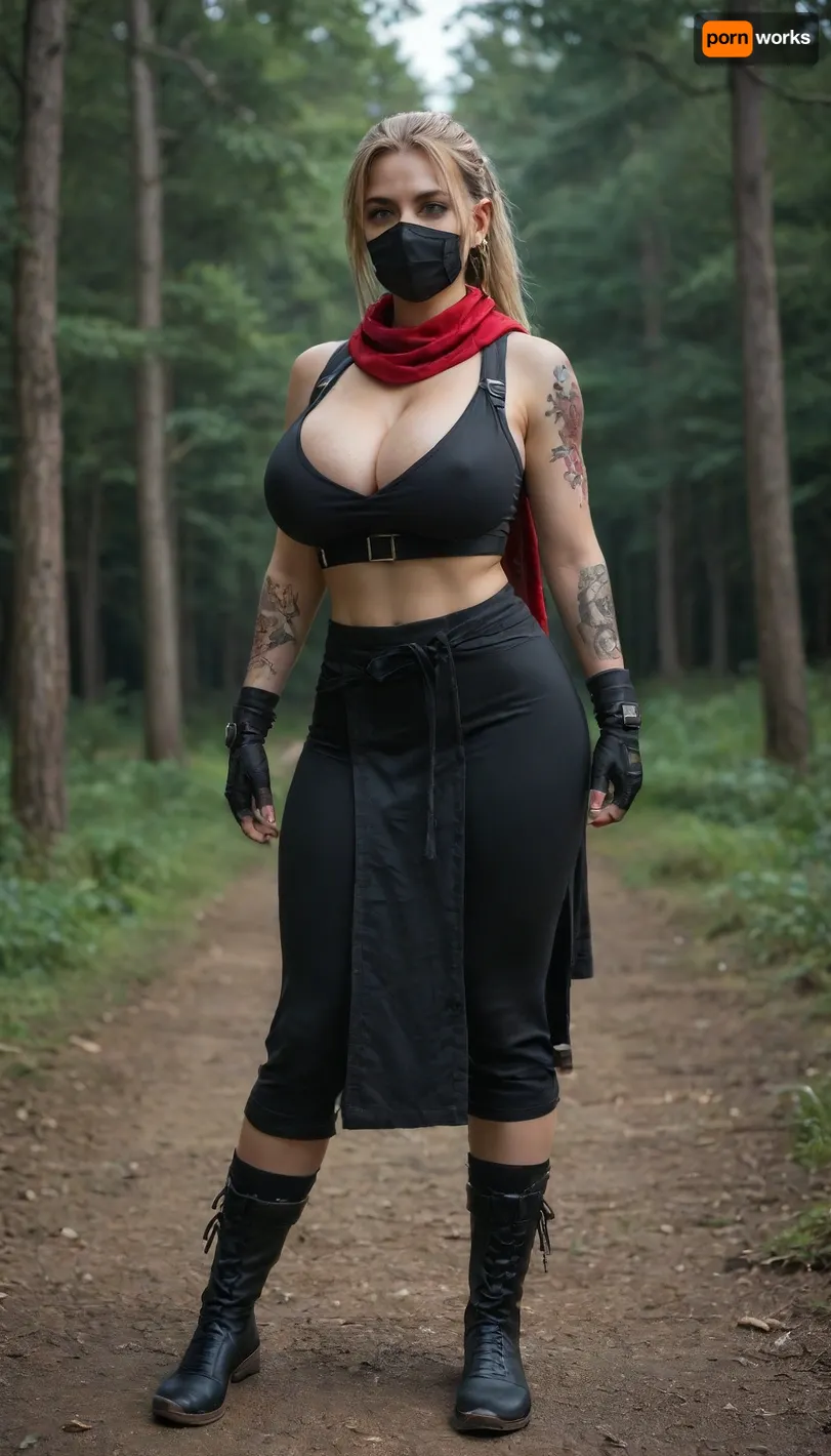 long blonde hair in ponytail, assassin, whore, (((huge natural breasts:1.5))), tattoos, night, forest background, ninja costume, face mask, hourglass figure, full body view, black crop top, scarf, kimono