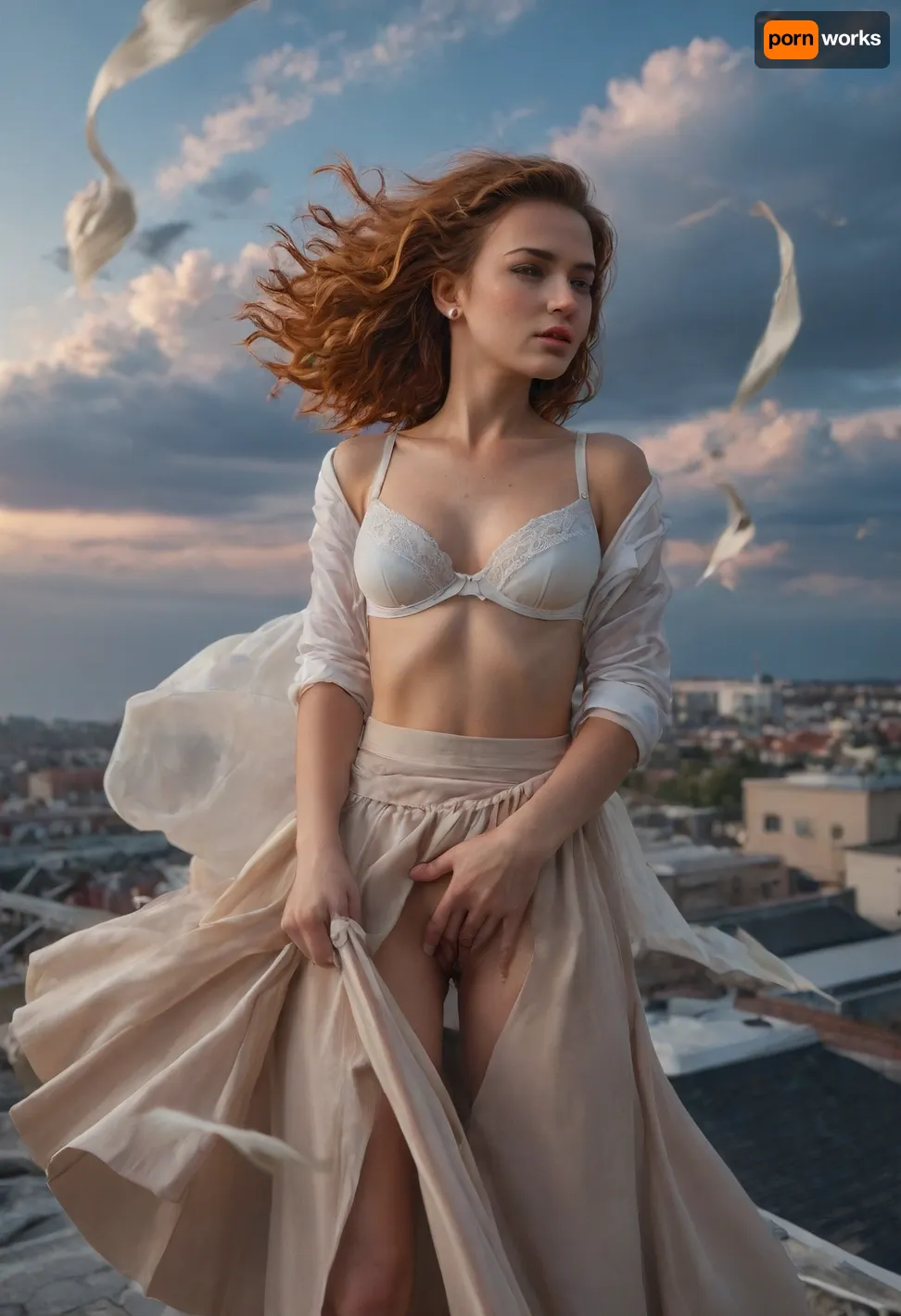 roof, professional photography, high quality, two beautiful ginger hair thin secretary, bra, fingering, show pussy, (((wind, lift, tug))), long skirt, (strong wind), (((windyskirtlift))), undressing, detailxl, The, Night, Attacks, 1, <lora:1184046_training_data:.8>