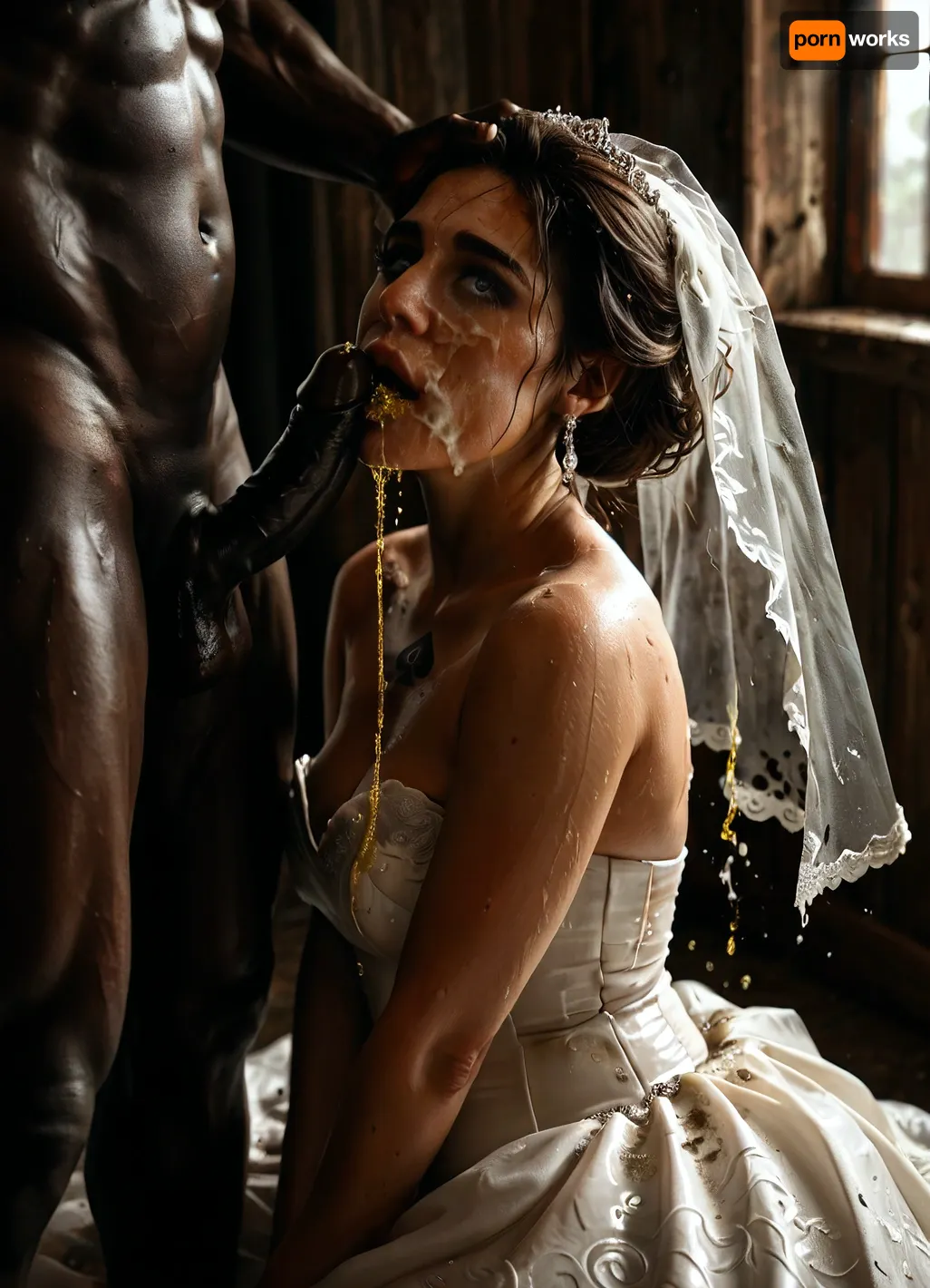 (((interracial))), large black penis, (brutal black man), detail face, realistic face, (((black penis pissing on the bride's face))), wet wedding dress, yellow piss, A dark and melancholic atmosphere, A dark and moody modern house interior, thick blackout curtains drawn shut, a thin beam of soft light seeping through a small gap in the curtains, minimalistic furniture, cold and muted color palette, (dark greys, deep blues), dust particles in the light, atmosphere of stillness and sadness, cinematic lighting, high contrast shadows, quiet and empty. giant muscular black skin man, black man step on the bride, traditional Persian chubby bride in sexy cutout wedding dress, torn white stockings, (black spades tattoo), . body, step on her head, Yellow urine filled the bride's mouth, yellow urine overflowing from the corners of her lips., BadX, soakingwetclothes, <lora:MJ52:.8>, <lora:dark:.5>, <lora:soakingwetclothesXL:.8>, <lora:piss_in_mouth_deepmind:1.2>, <lora:932836_training_data:.8>