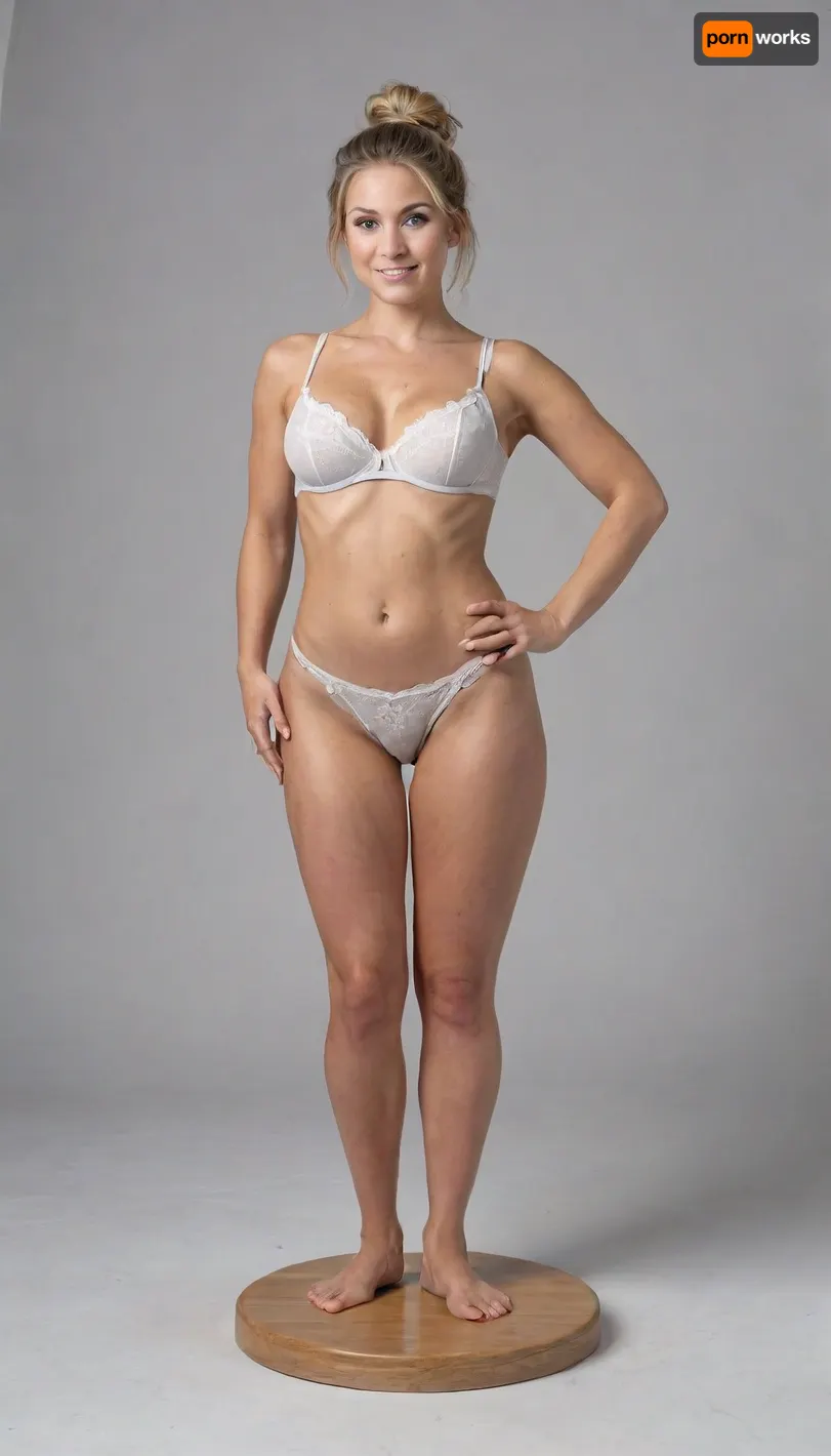 She is 45 years old female mom, wife, her height is 175cm., ((smokey blonde thick hair up fully in a messy bun)), .
long round oval face, nice closed smile, blue eyes, (small bust), size b breasts, sagging tits, perky little breasts, hard nipples, dark colored nipples and vagina, trimmed vagina, tan lines, pale breasts.
Sun Tanned skin, fake tan.

Standing perfectly straight in view, facing the viewer, ANATOMICAL VIEW OF THE FEMALE BODY.
Female form, Palms facing the viewer, feet stood apart, arms to her side, ready to have a full body scan.
Standing on a flat plinth.
Standing on electric scales, presenting herself like a Human trophy.
Female anatomy on display.

Standing in the "2.6 Anatomical View of the Body", standard anatomical position and directional terms used to describe the human body. In this position, the body is upright, with feet together, arms at the sides, and palms facing forward. This standardized position allows for consistent understanding of anatomical locations and relationships. She is standing perfectly Infront of the viewer.
Blank black background, blank backdrop.

Wearing white cotton lace underwear panties and bra.

perfect hands, perfect feet, natural looking.
3D model t-pose pose for a game character file.
Crucifix style pose.

belly bulge, (little bit of cellulite), elegant woman, mature beauty, slim figure, light tiredness, realistic aging., (medium to full figure:1), (natural soft belly:1.1), (curvy body:1.2), (soft figure:1.2), real.

round wide hips, thin waist, thin thighs, slim legs, Full body, Realistic body detail and textures. Staring directly at the viewer, eye contact.
very, flash.
astonrichardsxl.