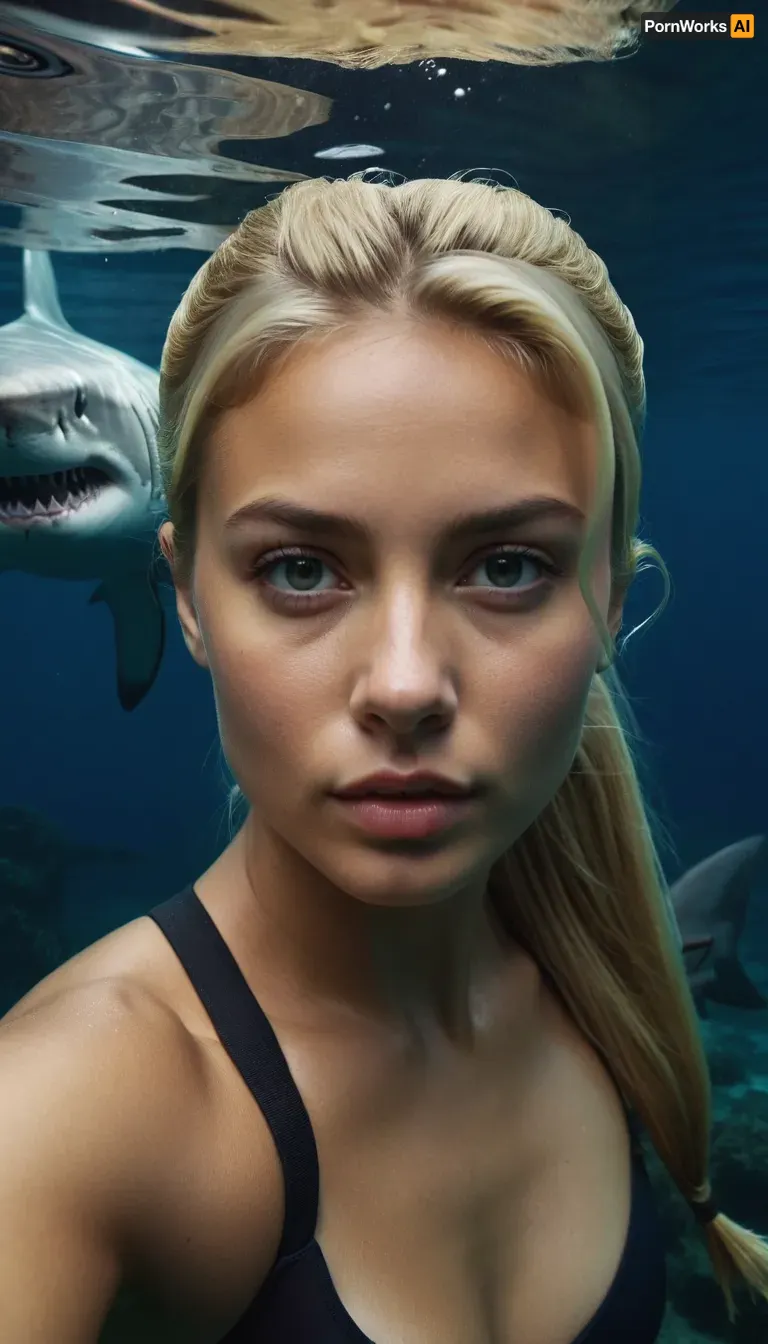 petite blonde, ponytail, realistic beautiful face, underwater selfie, giant shark appears behind, (dark underwater scene)