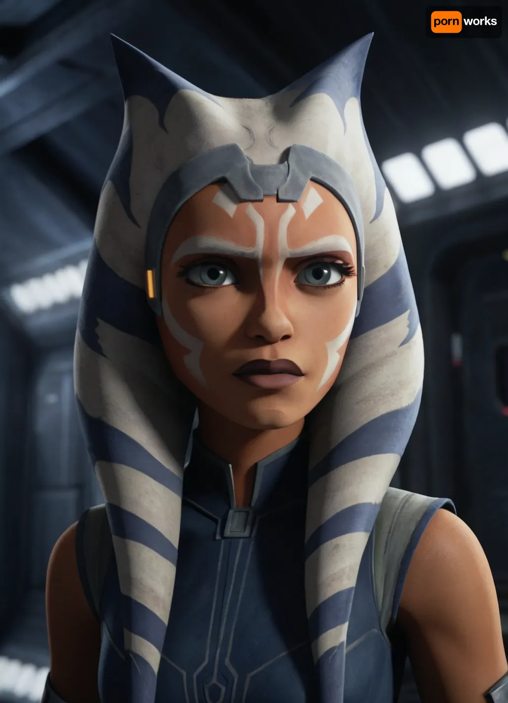 a close up film still of ahsoka tano from early episodes of star wars the clone wars animation, metal space room in the background, <lora:asohka_v1.0:1.2>, ahsokatano, <lora:ahsokatano-10:.8>