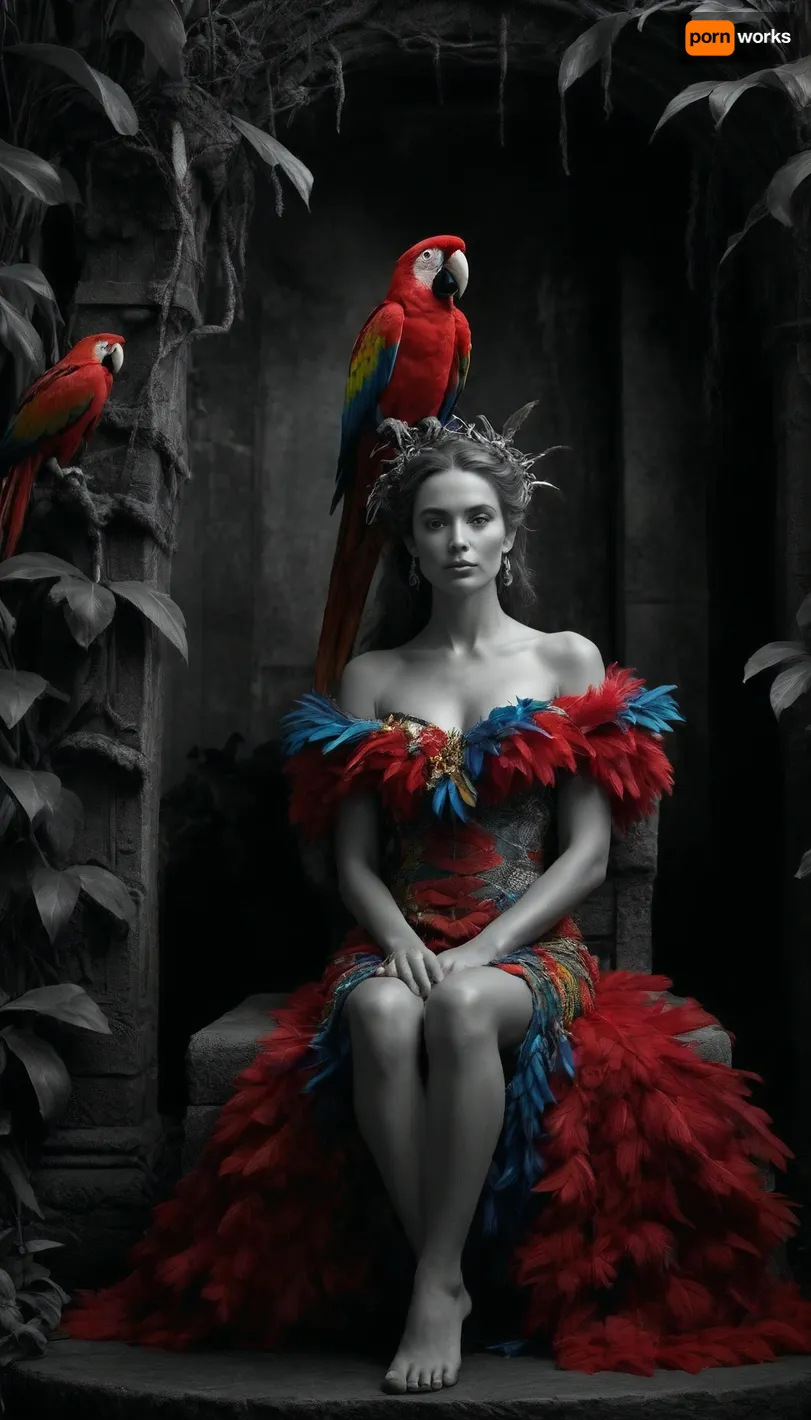 jungle queen on stone throne wrapped in vines, wearing a dress made of colorful parrot feathers, red macaw perched on her shoulder, black and white jungle scene with only feathers and bird in full color, cinematic fantasy, tropical humidity, detailed and sensual