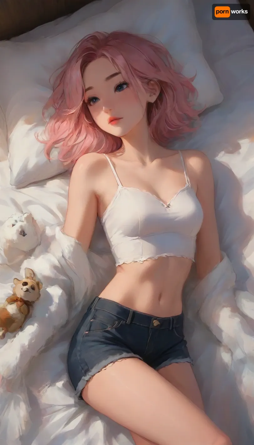 A woman with vibrant pink hair lounges on satin sheets, wearing a sheer corset and mini-shorts. She lies on her side, with her playful gaze fixed on her hand, where a small, fluffy creature perches, adding a whimsical touch to the scene, score_9, score_8_up, score_8, score_7_up, (j_cartoon:1.5), Drawing, <lora:samdoesarts1.1-000030:.4>, <lora:J_cartoon:.3>, <lora:Animated_Concept:.5>, <lora:gotou_hitori_xl:.4>