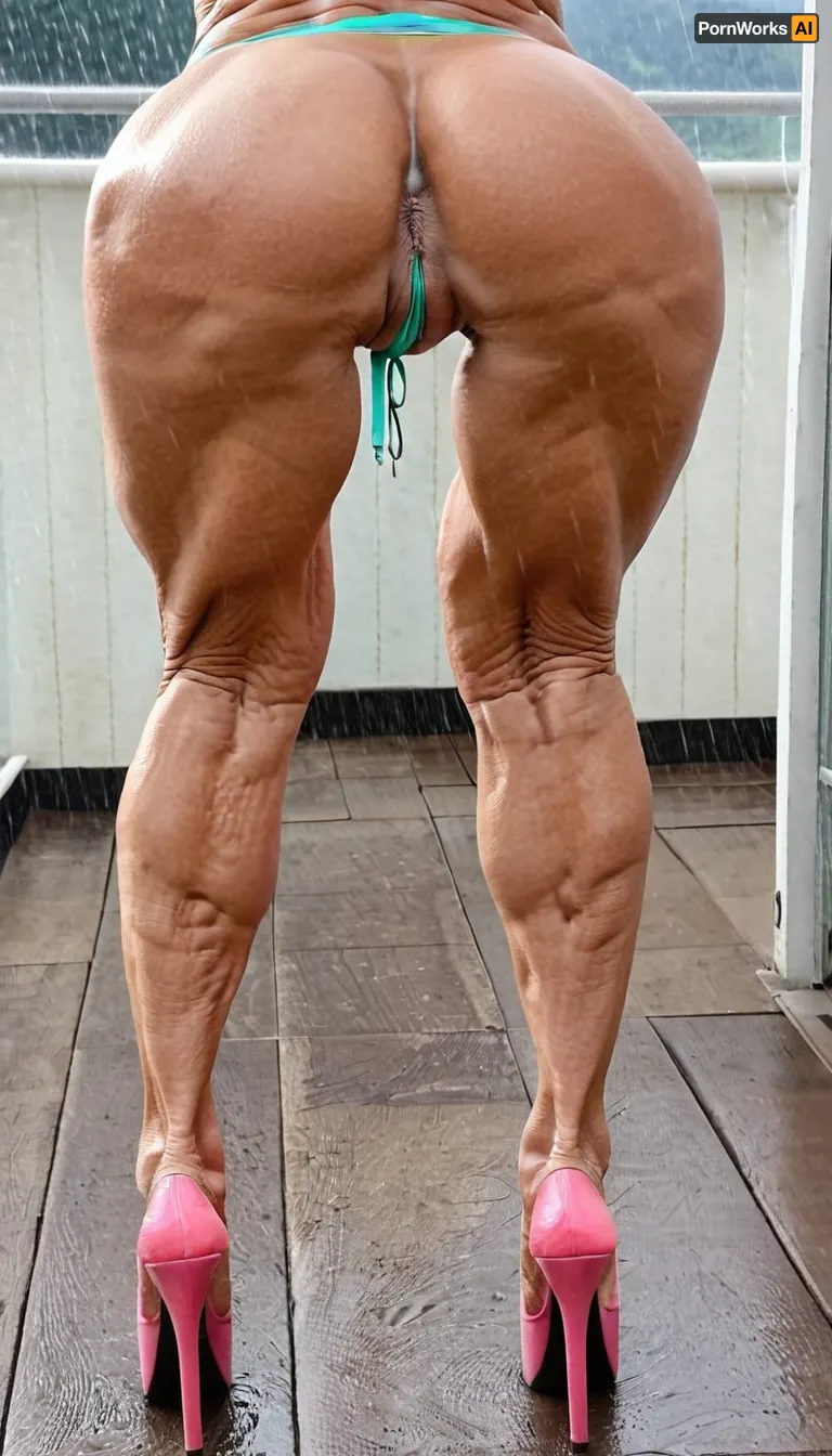 just close up legs, gilf woman, very old bodybuildingskinny body, big pussy labia, muscular legs in neon color platform mules high heels, from back view, muscles stiration, naked pussy, net stockings, stand broad, strong calves, in penthouse, close up feets, platform mules, mules, in the rain, do, you, like, my, bum, <lora:doyoulikemybum:.8>, Flamingo-800sk, High, heels, Sneaker, Stripper, <lora:Pleaser_flamingo-800sk_red-000017:.8>