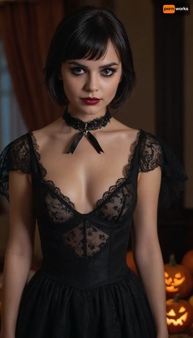 RAW Photo, amateur photo, bad light, DSLR, professional color graded, (makeup, eyeliner:1.2), choker, ((pelvic curtain dress)), angel wings, vampire fangs, halloween party, carved pumpkins in background, round face, short messy black hair, bangs, drunk face, natural body, small breasts, sharp focus, HDR, 8K resolution, intricate detail, sophisticated detail, depth of field, analogue RAW DSLR, photorealistic, looking at viewer