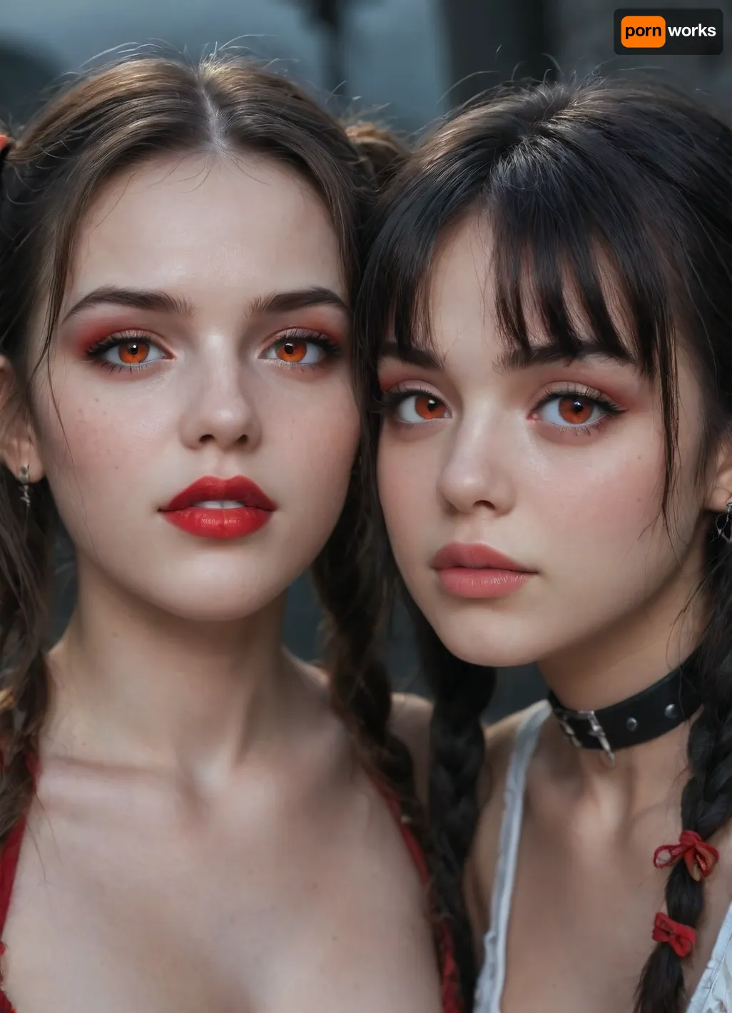 (((two 18 year old vampire girls))), midevil, glowing red eyes, black eyeshadow, sad face, closed mouth, one with black hair with rainbow hair, pigtails, red lipstick, vampire, vampire teeth, K-9 fangs, in a dark graveyard, bound in chains, pale skin, pale, skin, <lora:Pale_Skin_SDXL_v1.0:.8>, supermodel, face, big, lips, <lora:Beautify-Supermodel-SDXL:.8>, <lora:ahxl_v1:.8>, Subspecies, style, <lora:Subspecies style:.8>