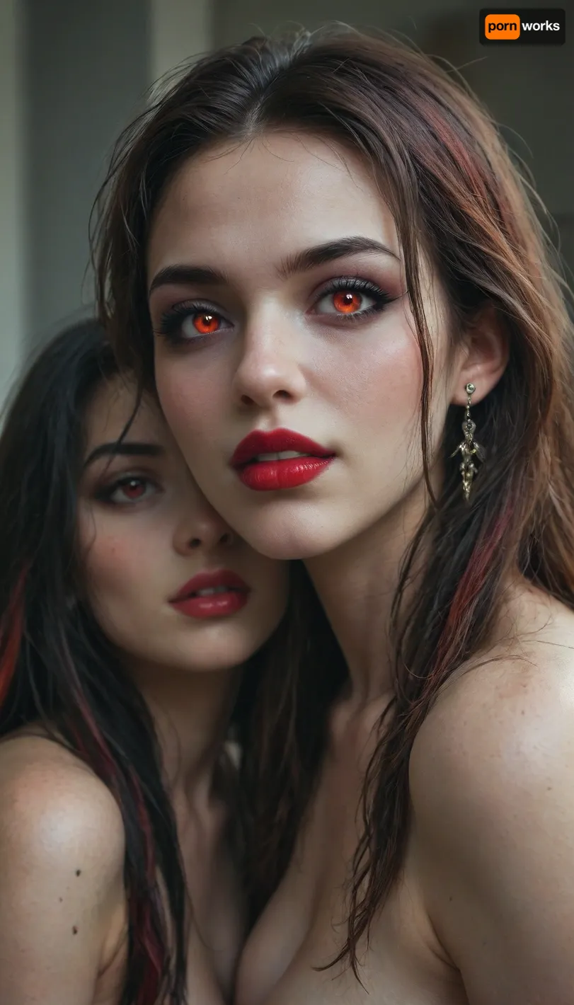 Two 18 year old vampire sisters, very long black and rainbow hair, red lipstick, glowing red eyes, black eyeliner, black eyelashes, black eyeshadow, <lora:Halloween_Series_Scary_Vampire-000009:.8>, <lora:Stunning_eyes_2:.8>, <lora:Dead_Beauty:.8>