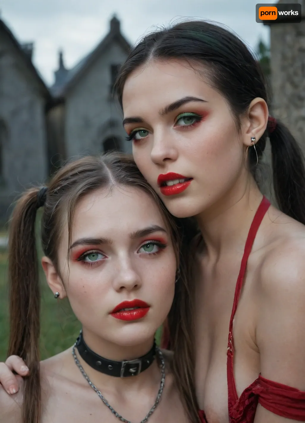 (((two 18 year old vampire girls))), midevil, light green eye, green eyeshadow, sad face, closed mouth, one with black hair with rainbow hair, pigtails, red lipstick, vampire, vampire teeth, in a dark graveyard, bound in chains, pale skin, pale, skin, <lora:Pale_Skin_SDXL_v1.0:.8>, supermodel, face, big, lips, <lora:Beautify-Supermodel-SDXL:.8>, <lora:ahxl_v1:.8>, Subspecies, style, <lora:Subspecies style:.8>