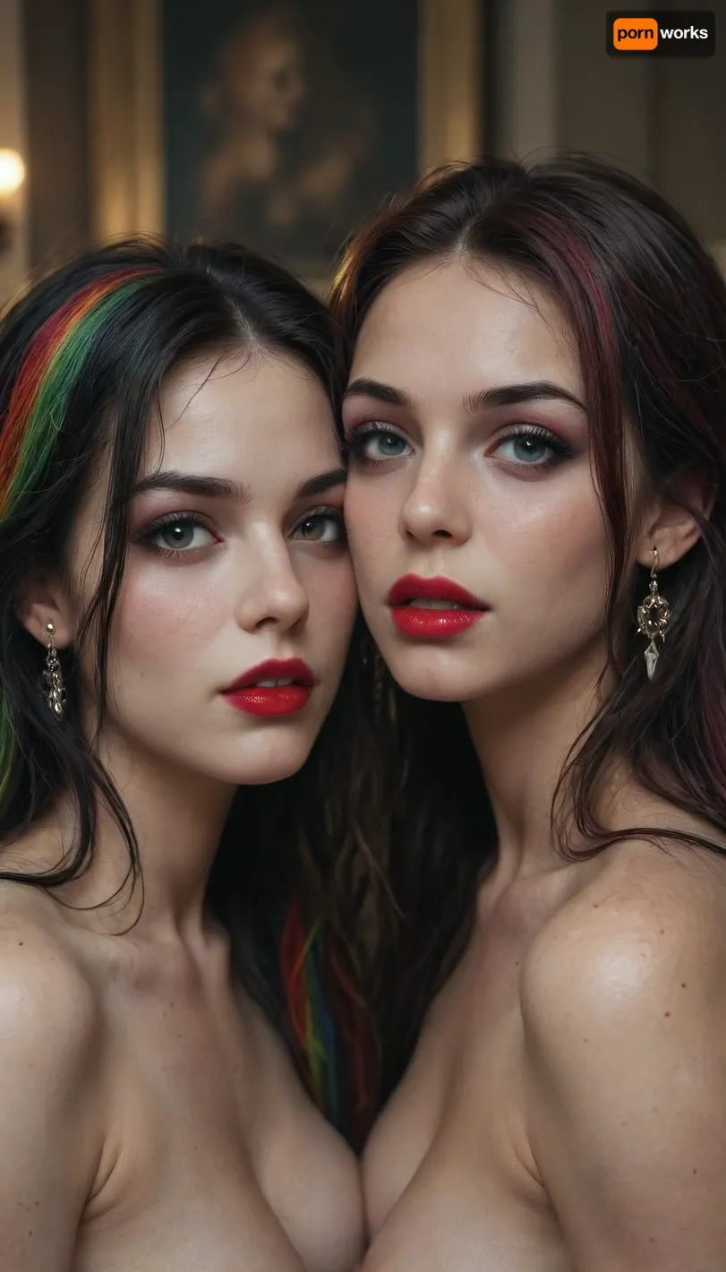Two 18 year old vampire sisters, very long black and rainbow hair, red lipstick, black eyeliner, black eyelashes, black eyeshadow, <lora:Halloween_Series_Scary_Vampire-000009:.8>, <lora:Stunning_eyes_2:.8>, <lora:Dead_Beauty:.8>