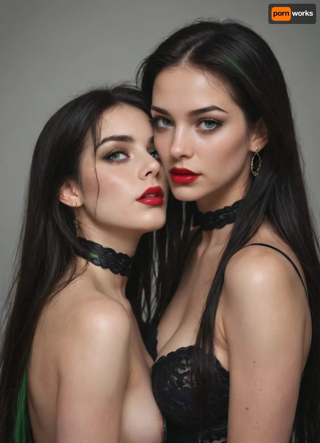 Two 18 year old vampire sisters, one with very long black hair, one with very long rainbow hair, red lipstick, black eyeliner, green eyeshadow, both wearing black neck chokers