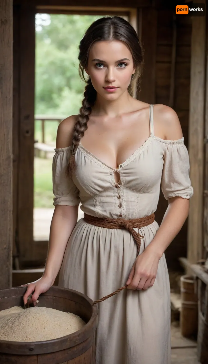 Generate, (point-of-view:1.5), an image centered around the buxom young miller's exceptionally attractive with massive breasts and reavling exposed cleavage with wide hips and narrow waist and exuding an alluring and voluptuous physique that radiates warmth and sensuality. At times her clothes slip off her shoulders, or her belt is loose at the waist revealing her beautiful body. Her braided, lustrous hair cascades gracefully down her shoulders, enhancing her captivating presence.
Her eyes are a striking and inviting feature, drawing viewers into her gaze with their soft, welcoming warmth. Long, dark eyelashes frame her eyes, emphasizing their captivating allure. Her face boasts delicate proportions, featuring a gentle blush on her cheeks, a nose, and high cheekbones. Her plump lips are full and inviting, often curved into a warm and welcoming smile. Her skin is smooth and gloosy.
The scene is set around a medieval mill courtyard, a charming and rustic wooden structure nestled in a tranquil forest. The mill's wooden structure enhances the rustic ambiance of the scene, and its waterwheel turns gently
The buxom girl is positioned near the mill courtyard, engrossed in various house chores that connect her to the daily rhythm of country life. She may be seen tending to the mill's operation, handling sacks of flour, and organizing grains scattered around. These elements add depth to the image and convey her integral role in the mill's functioning.
This image captures a timeless moment in the miller's life as she goes about her daily chores, embodying the beauty of rural life and the harmony between humanity, the mill, and the natural environment.