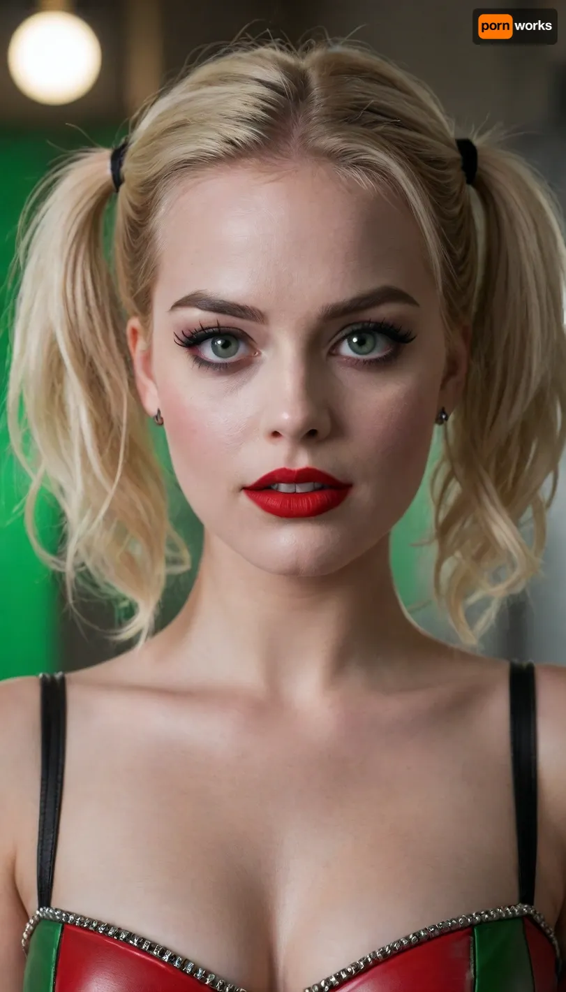 18 year old Harley Quinn, red lipstick, green eyes, medium breasts, black eyeliner, full body picture, ohwx, woman, <lora:margot_lora_sdxl_v1-000006:.8>