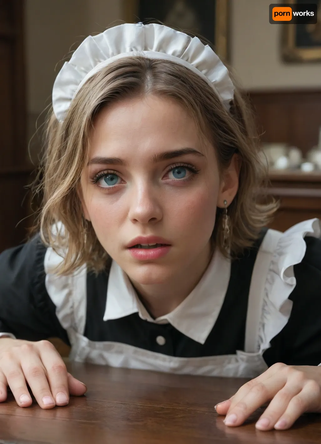 maid on the dining table, she is scared and in pain