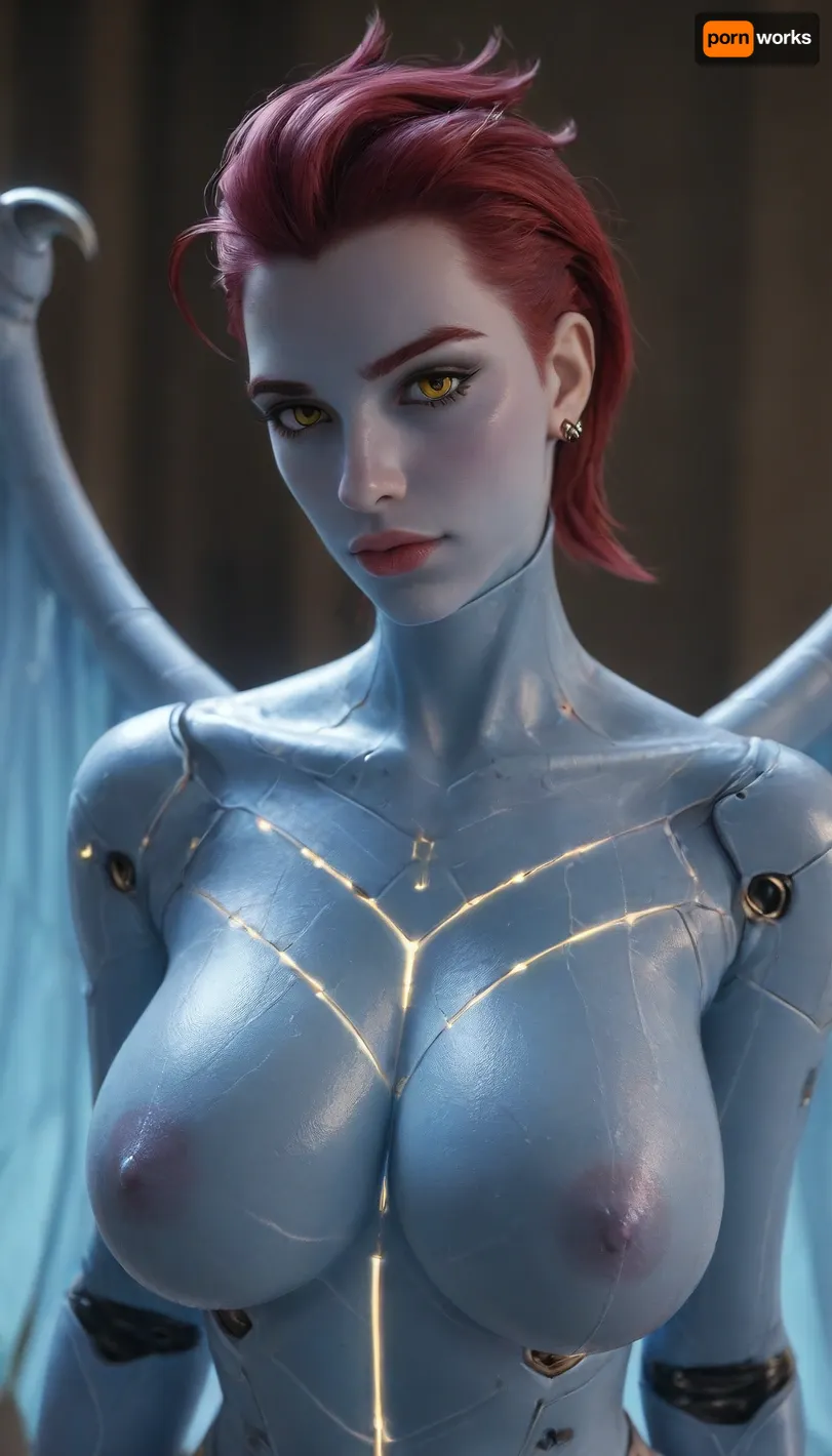 ((((moira from overwatch)))), demon girl, demon wings, wings on the bak, (huge breasts), girly, fluffy, ((((((glowing cian electric android body)))))), score_9_up, score_8_up, score_7_up, score_6, score_5_up, score_4_up, score_3, score_2_up, score_1_up