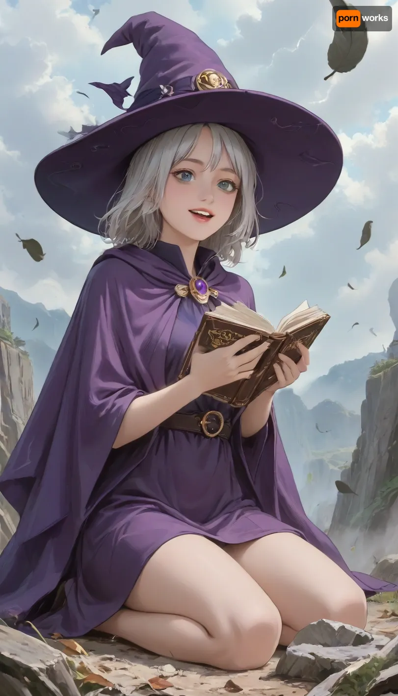 Rating_explicit, score_9, score_8_up, score_7_up, source_anime, anime of 90's style, anime pencil sketch, low angle, beautiful witch holding magic book, kneeling near stone altar altar carved in cliff, ancient runes swirling in air, oversized witch hat floating mid-air, floating scrolls and leaves, wide-open teal eyes, laughing, windswept long silver hair, tattered purple cloak flapping violently, magical tornado coming from book, (sparkling cyan winds), storm clouds on background, vivid colors, electric blue, amethyst, moonlight silver, hat, cloak, supermodel face, big lips, ratatatat74, zzmagicbook, <lora:outline_xl_kohaku_delta_spv5x:1>, <lora:NEOTOKIOXL_0.2_RC:.8>, <lora:ratatatat74-000050:.8>, <lora:cartoon_stickers_xl_v1:.8>, <lora:FantasyIconsBooksXL:.8>